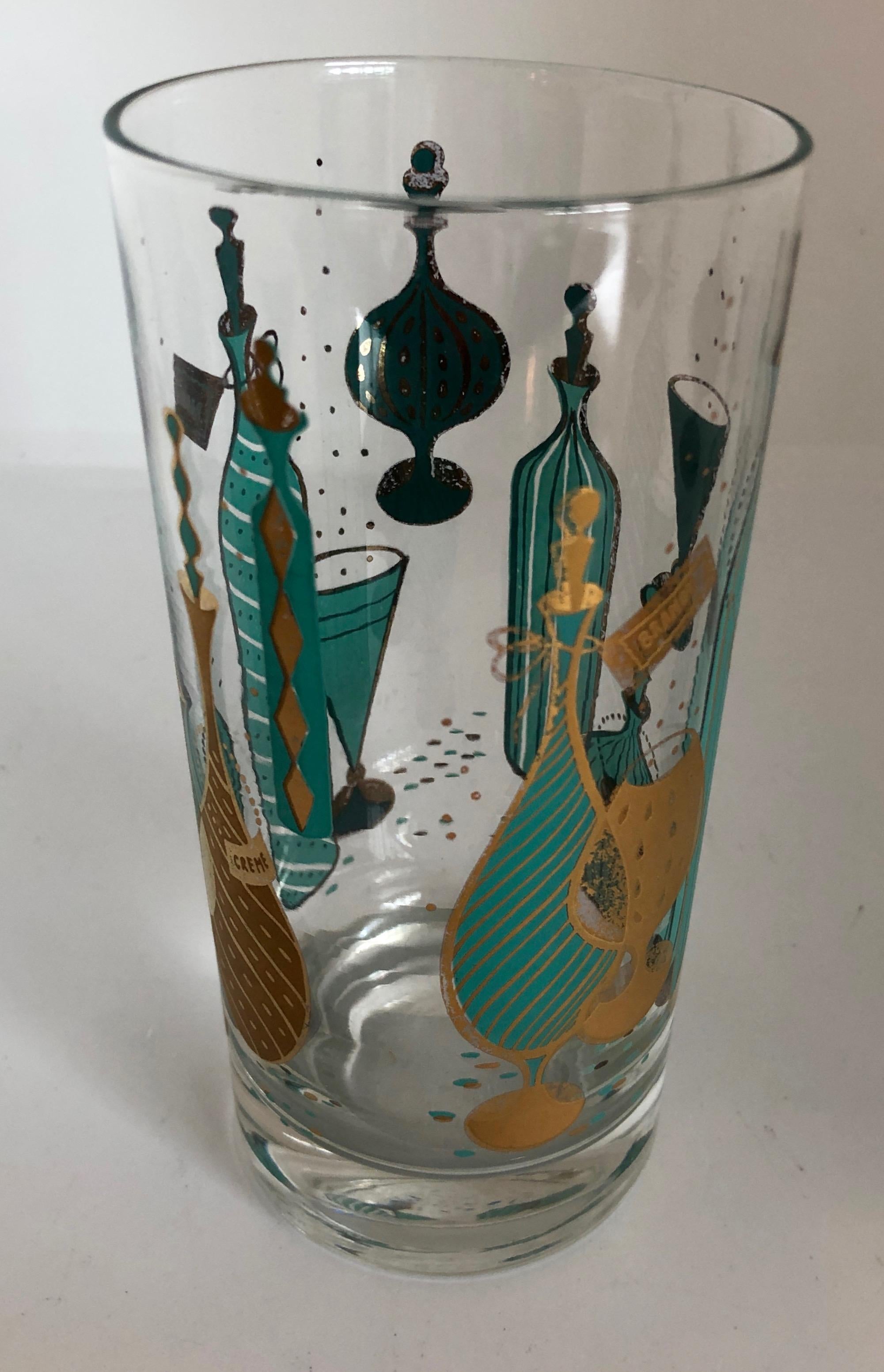 9-Piece Set of Aqua & Gold Print on Clear Glass Cocktail Glasses w/ Brass Caddy In Good Condition In Houston, TX