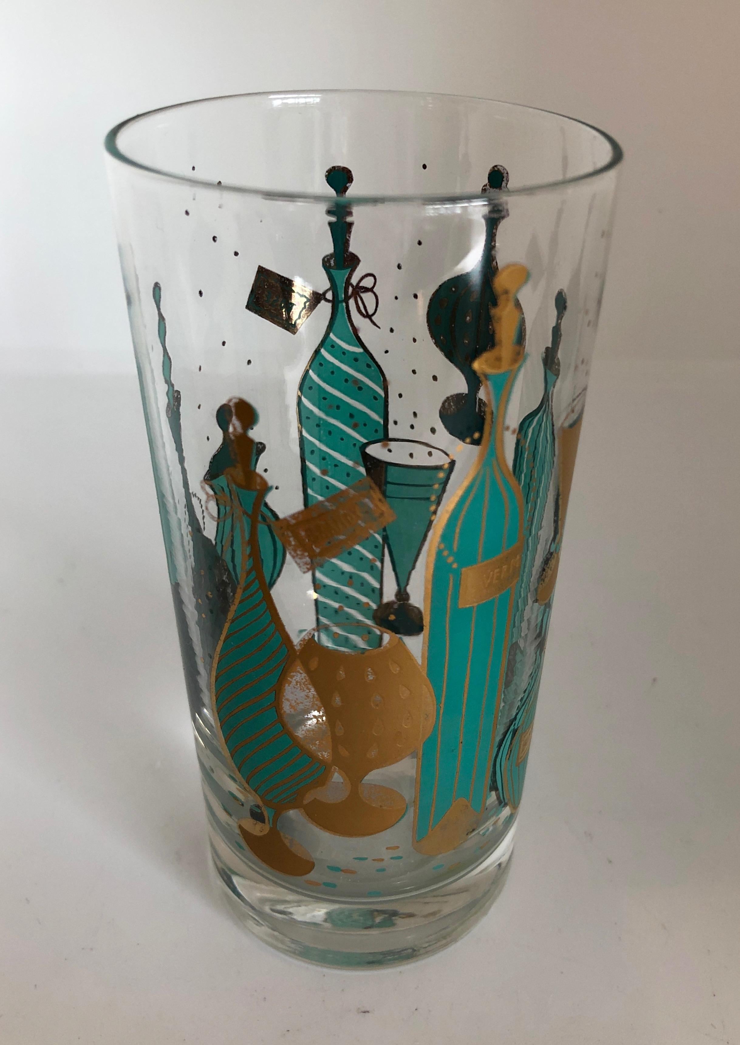 20th Century 9-Piece Set of Aqua & Gold Print on Clear Glass Cocktail Glasses w/ Brass Caddy