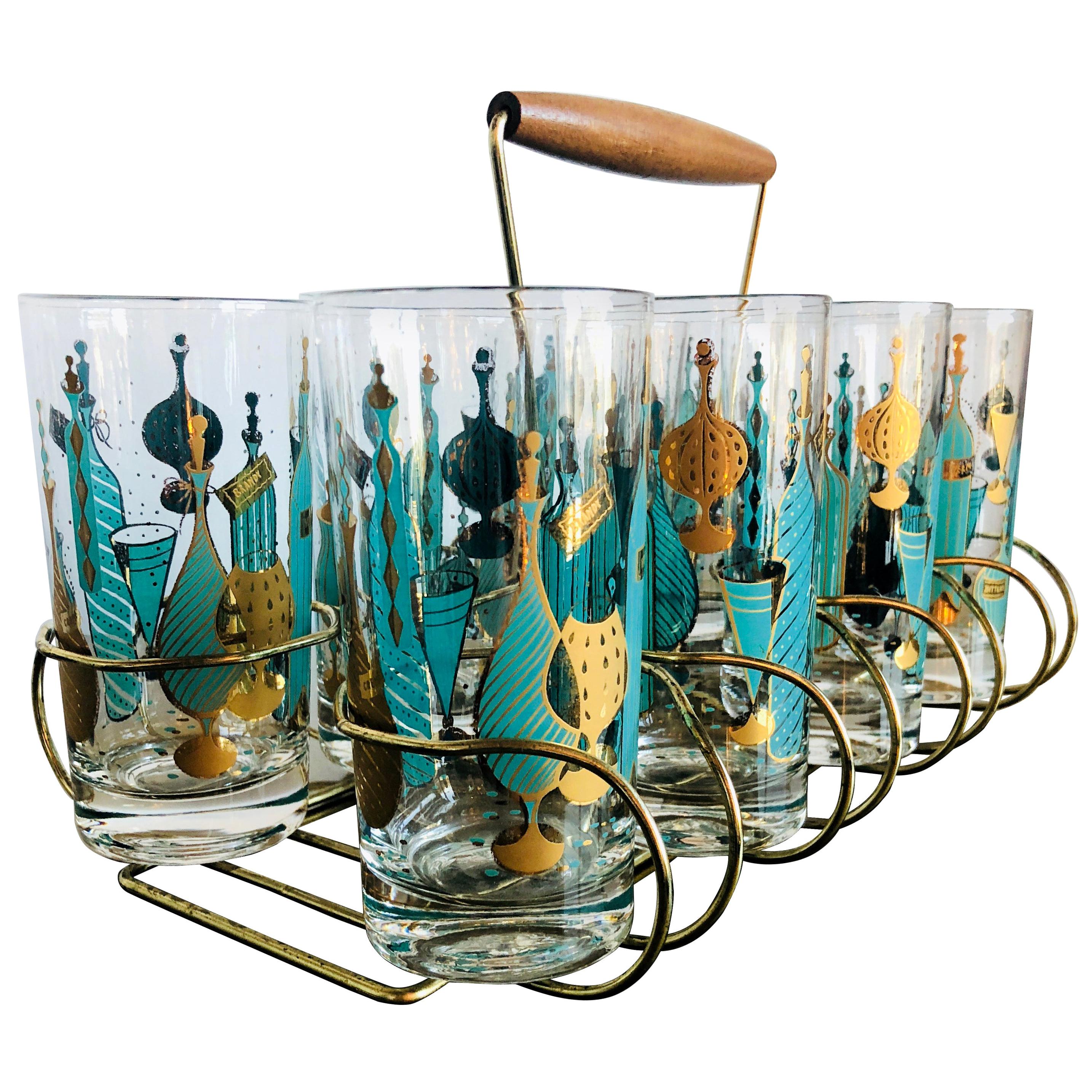 9-Piece Set of Aqua & Gold Print on Clear Glass Cocktail Glasses w/ Brass Caddy