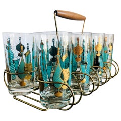 Vintage 9-Piece Set of Aqua & Gold Print on Clear Glass Cocktail Glasses w/ Brass Caddy