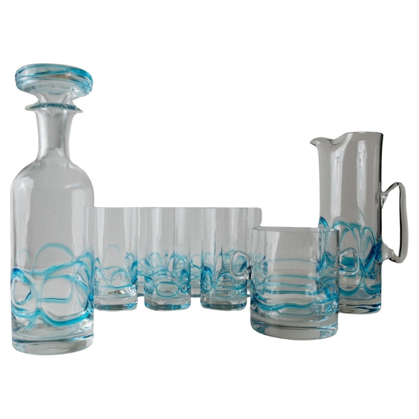 9-Piece Vintage Murano Glass Set Clear Glass and Blue Details Italy, 1960s
