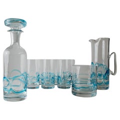 9-Piece Vintage Murano Glass Set Clear Glass and Blue Details Italy, 1960s