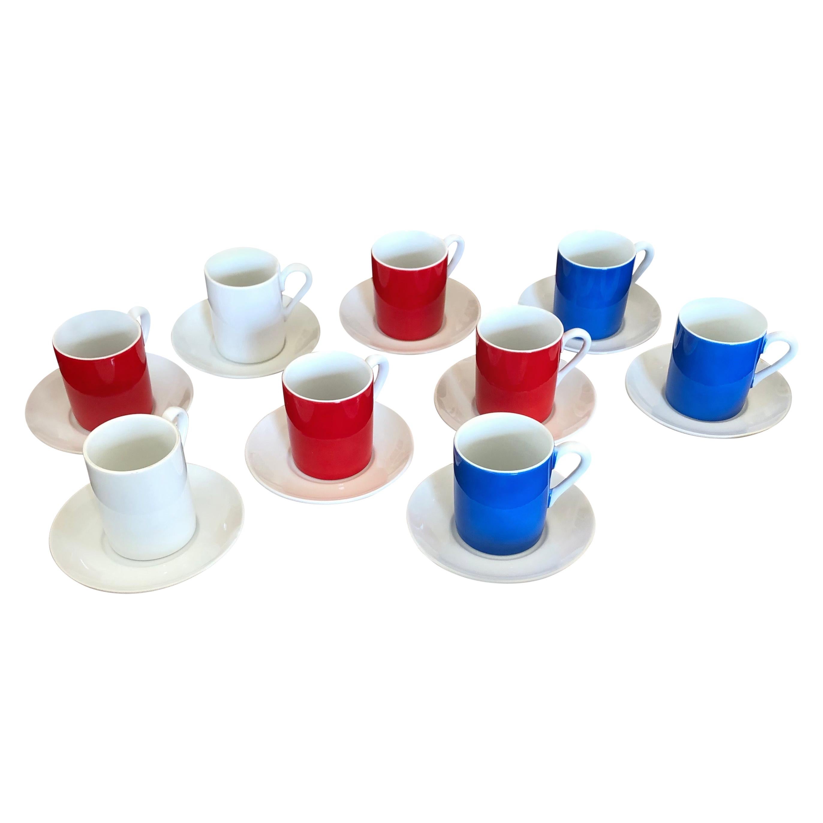 9 Red, White and Blue Demitasse Cups and Saucers For Sale