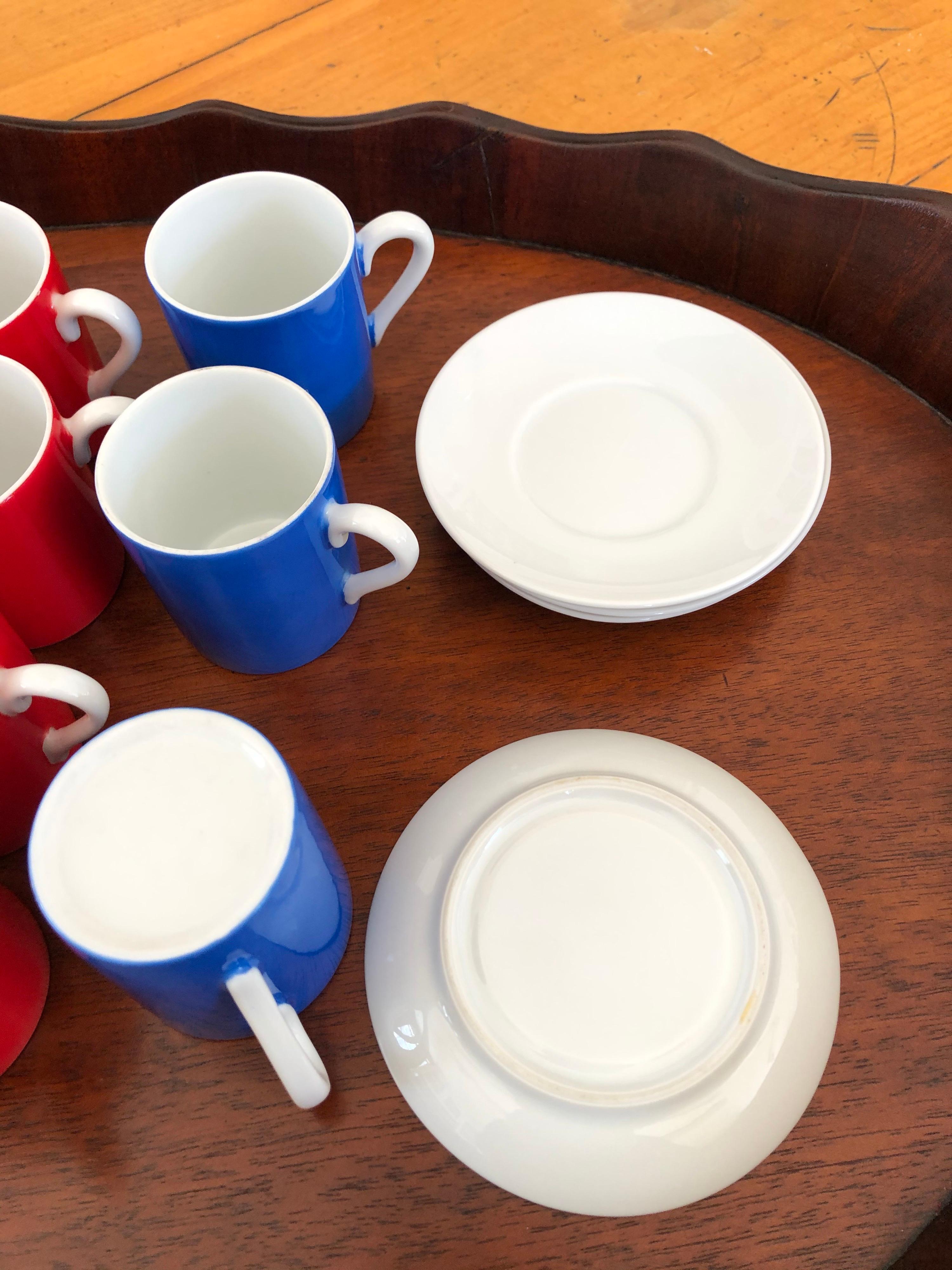 Mid-Century Modern 9 Red, White and Blue Demitasse Cups and Saucers For Sale