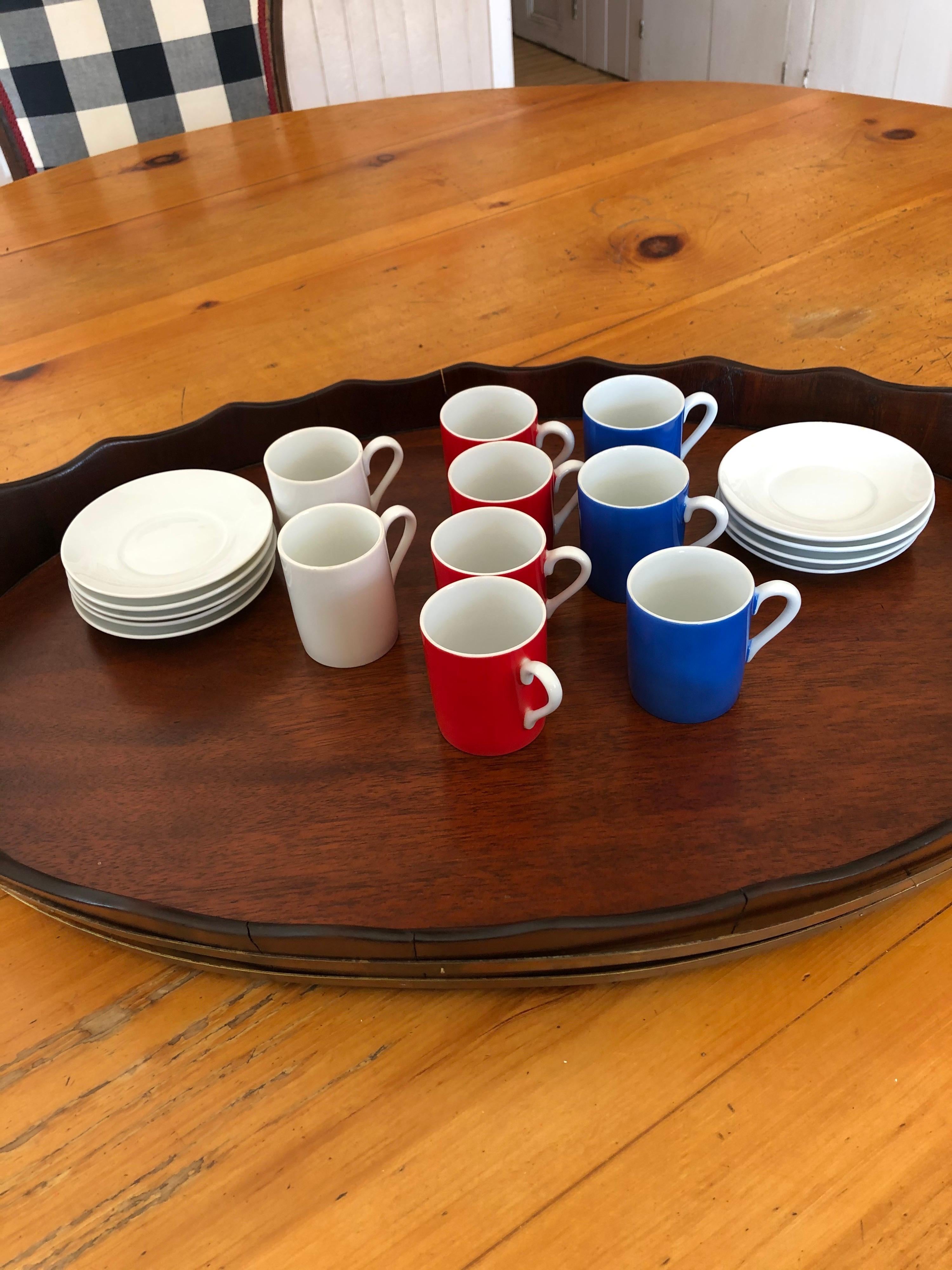 Japanese 9 Red, White and Blue Demitasse Cups and Saucers For Sale