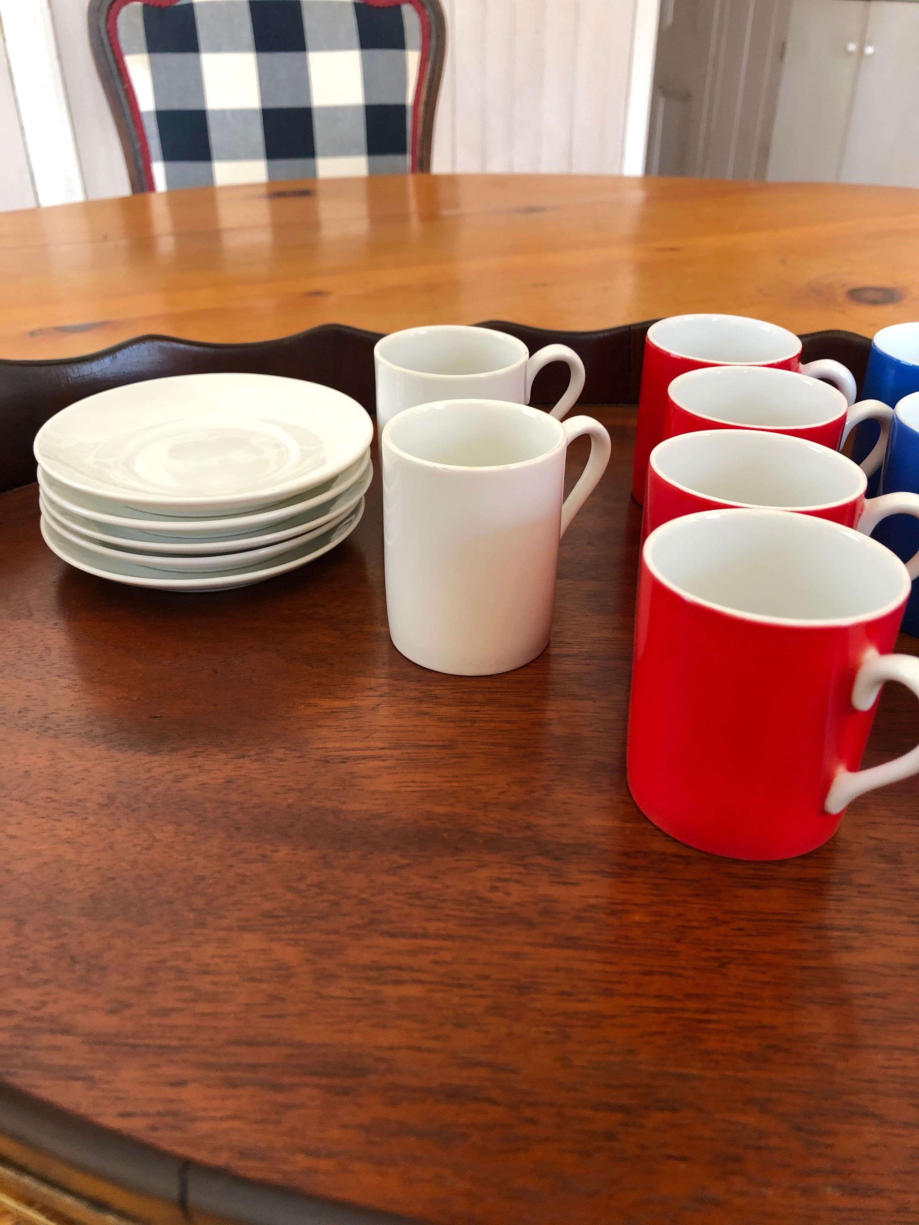 9 Red, White and Blue Demitasse Cups and Saucers In Good Condition For Sale In Hudson, NY