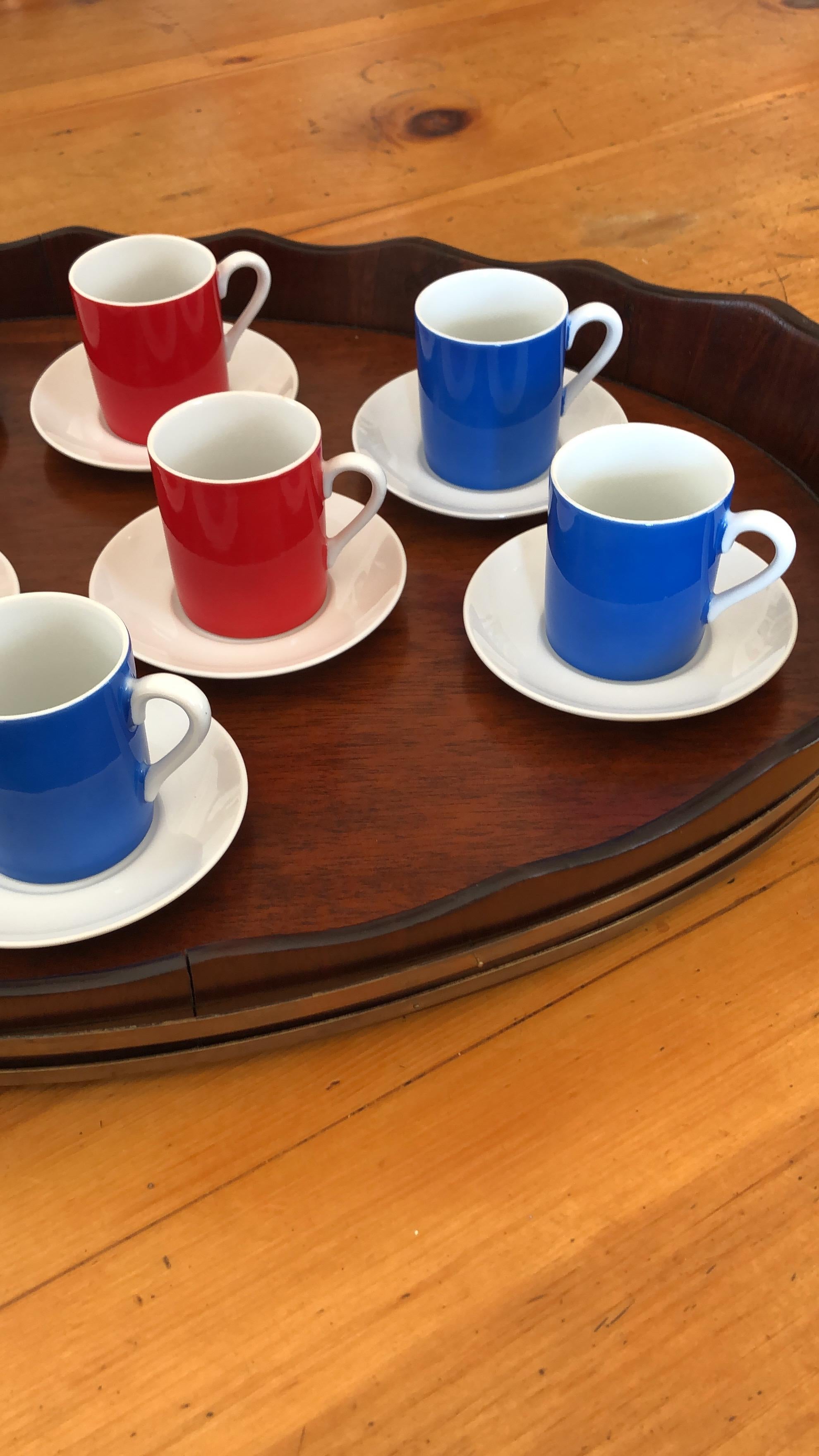 Mid-20th Century 9 Red, White and Blue Demitasse Cups and Saucers For Sale