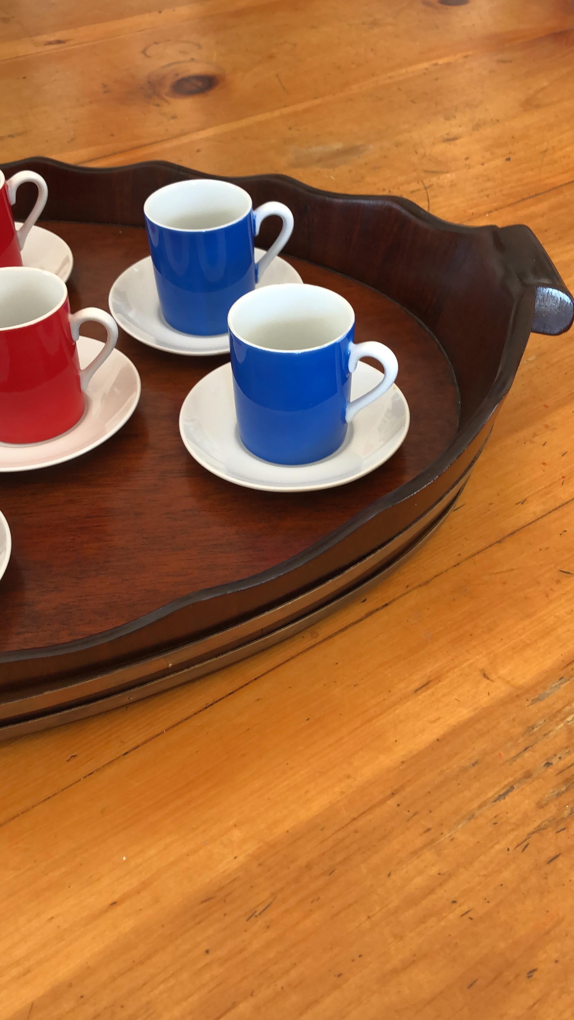 Porcelain 9 Red, White and Blue Demitasse Cups and Saucers For Sale