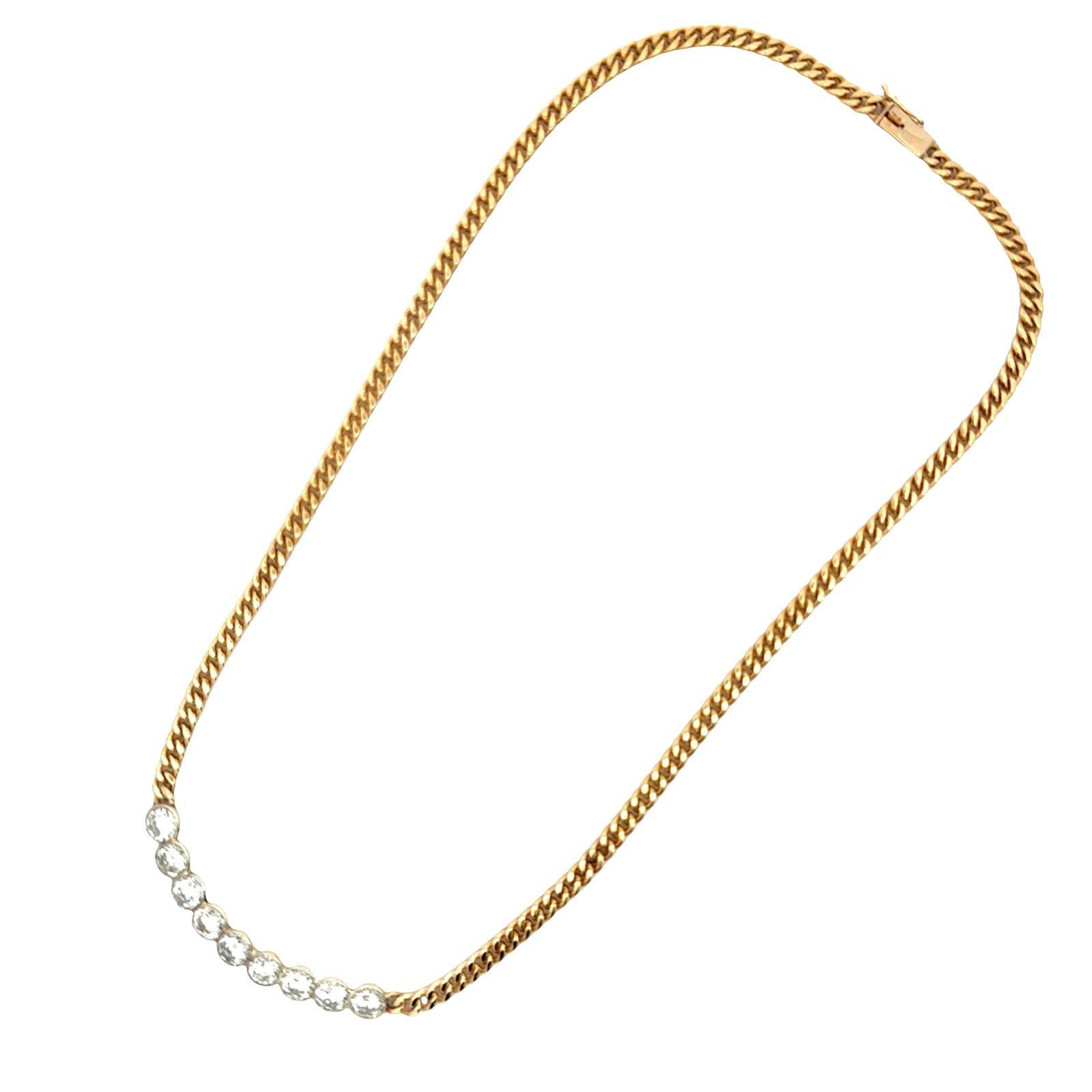 Modern 9 Round Brilliant Cut Diamond Curved Bar Bezel Set 14K Gold Link Necklace For Sale