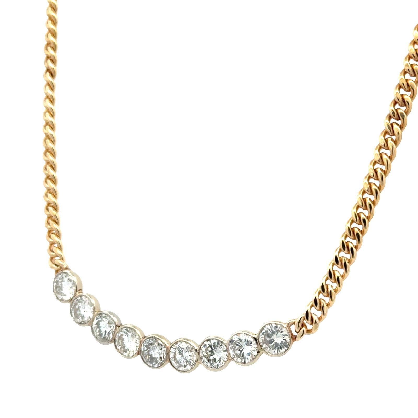 9 Round Brilliant Cut Diamond Curved Bar Bezel Set 14K Gold Link Necklace In Excellent Condition For Sale In Boca Raton, FL