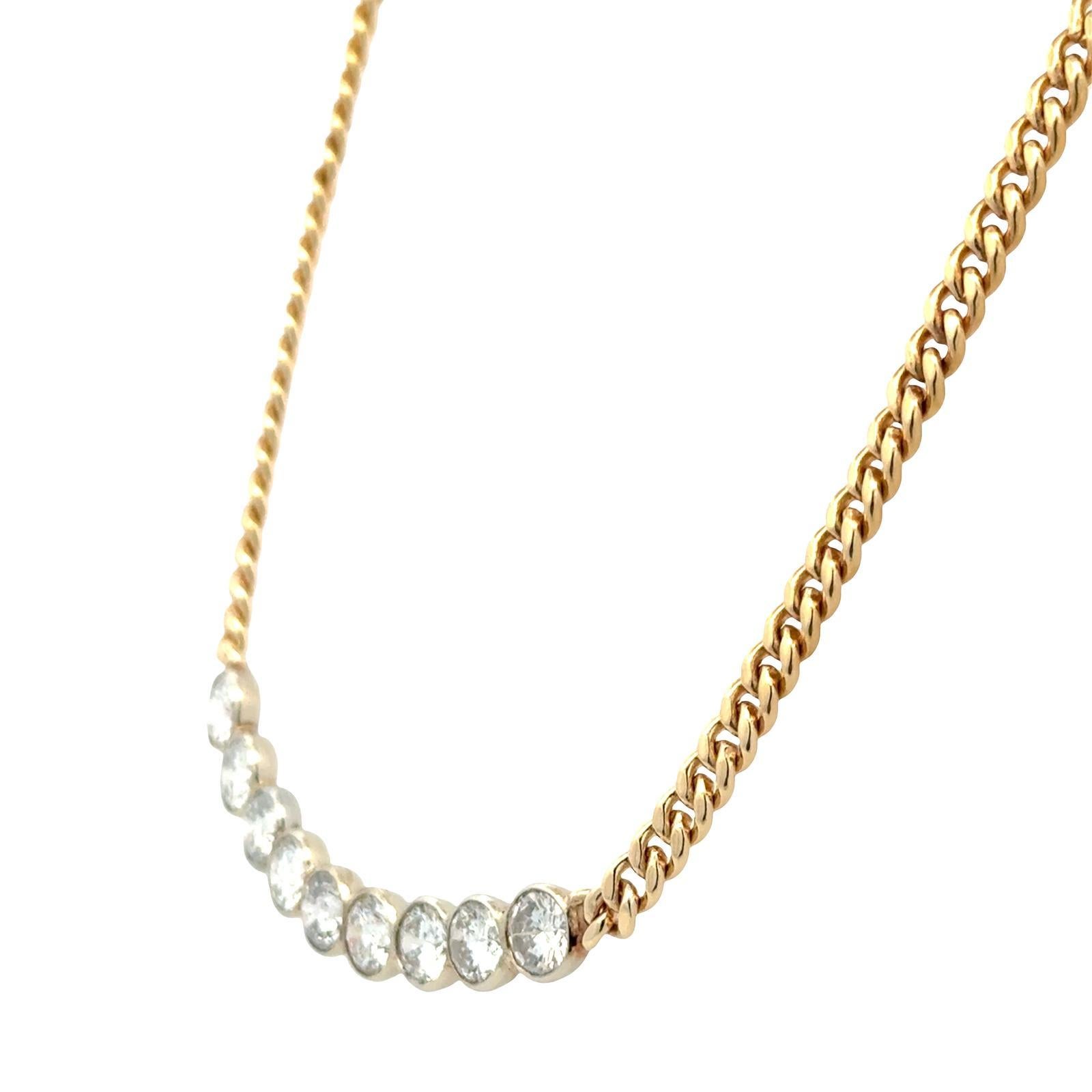 Women's 9 Round Brilliant Cut Diamond Curved Bar Bezel Set 14K Gold Link Necklace For Sale