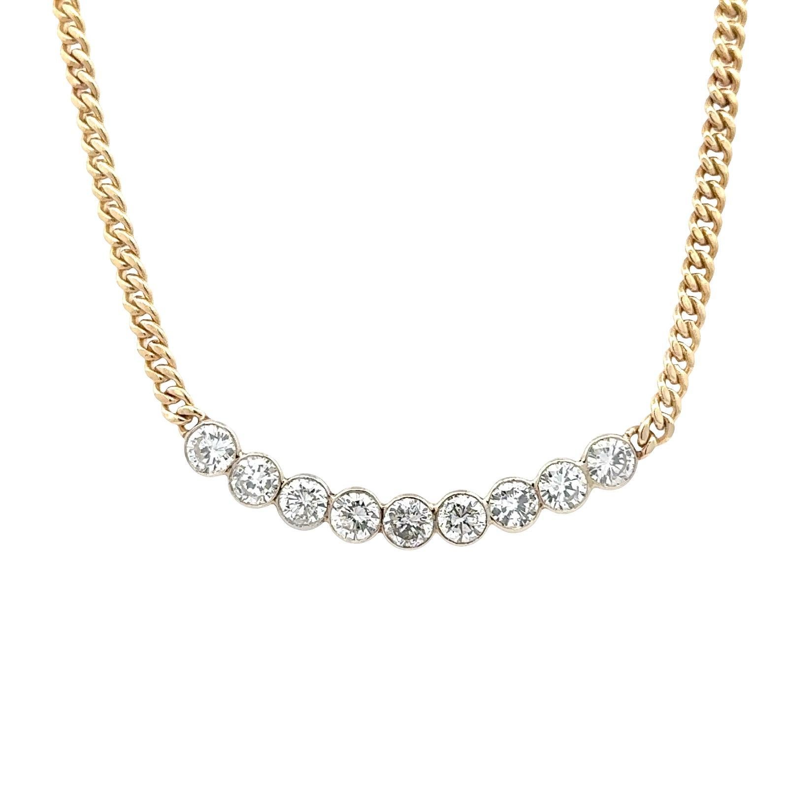 9 Round Brilliant Cut Diamond Curved Bar Bezel Set 14K Gold Link Necklace For Sale 1