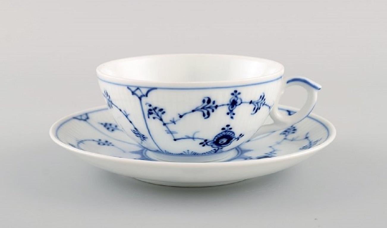 Danish 9 Royal Copenhagen Blue Fluted Plain Teacups with Saucers, Model Number 1/76