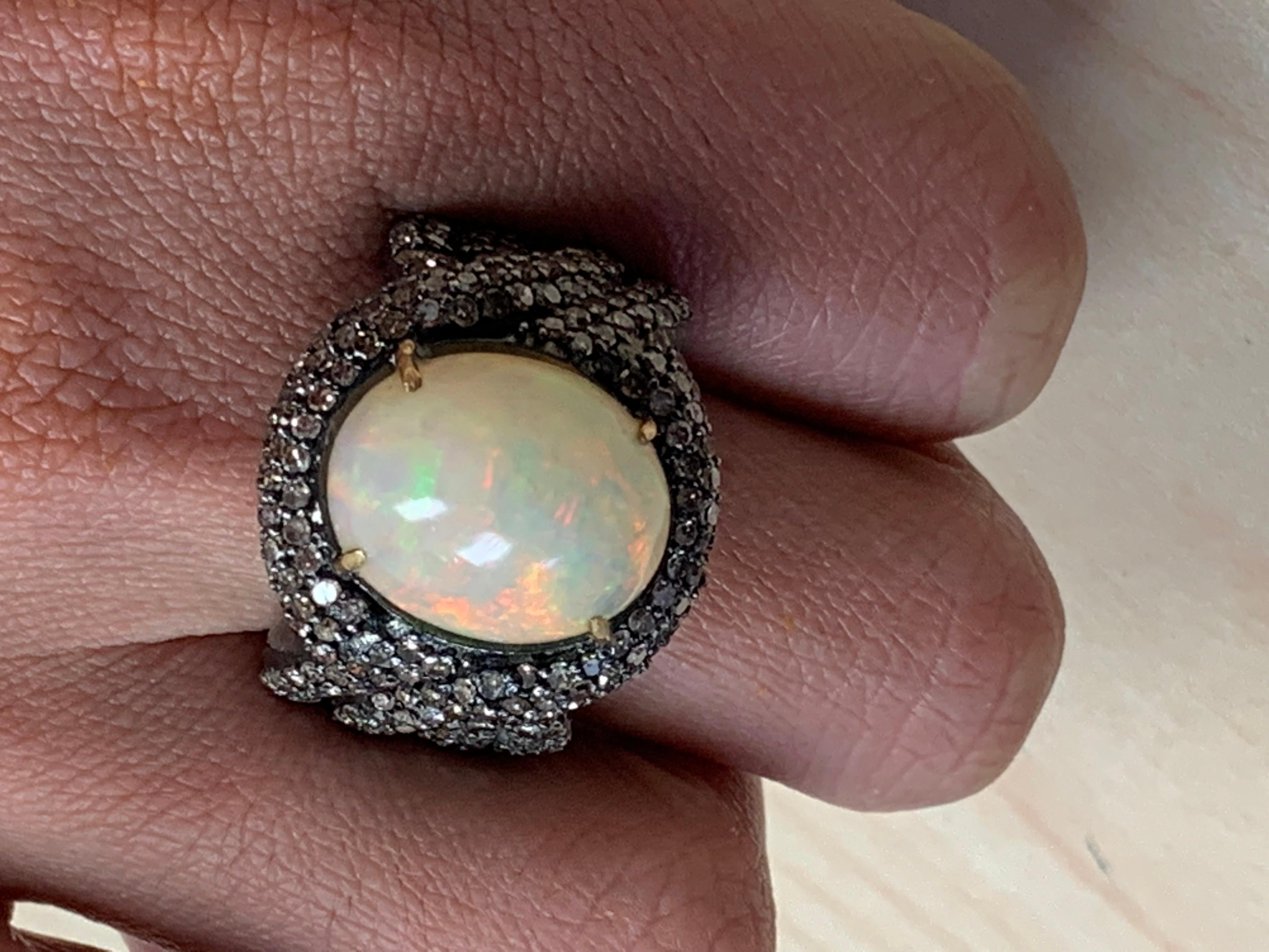 6.10 Carat Opal, Diamond Ring in Oxidized Sterling Silver, 18 Karat Gold For Sale 4