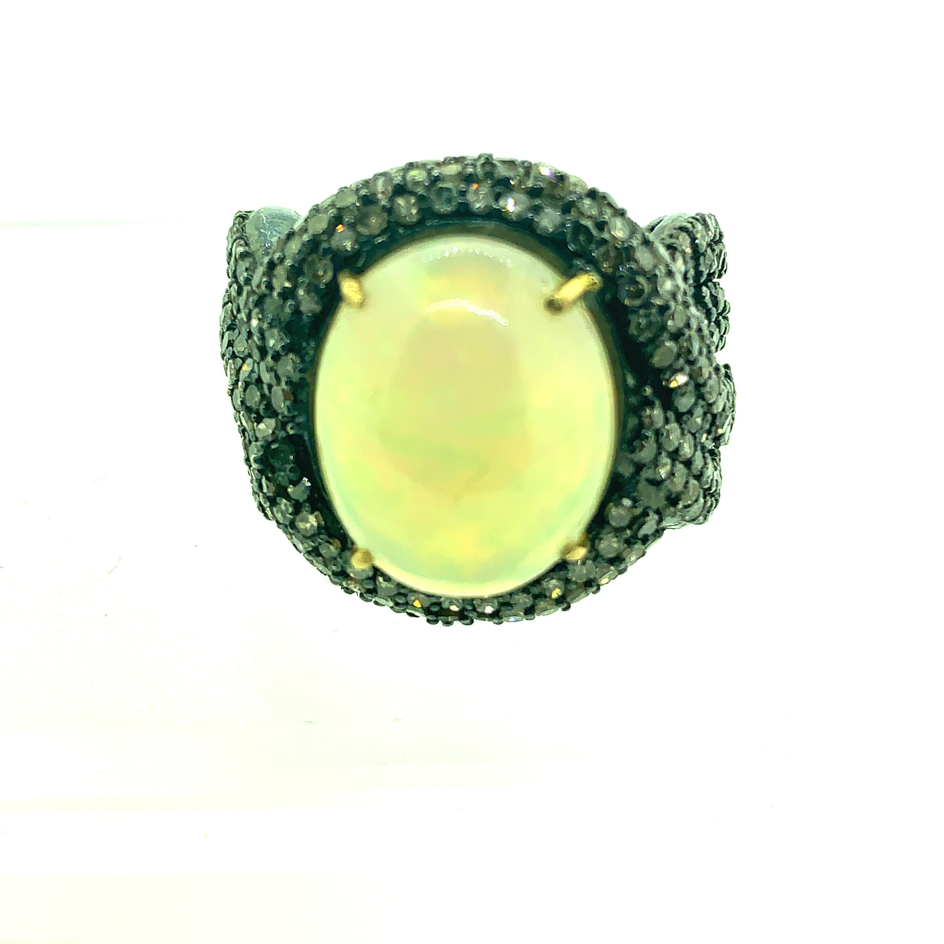 Oval Cut 6.10 Carat Opal, Diamond Ring in Oxidized Sterling Silver, 18 Karat Gold For Sale