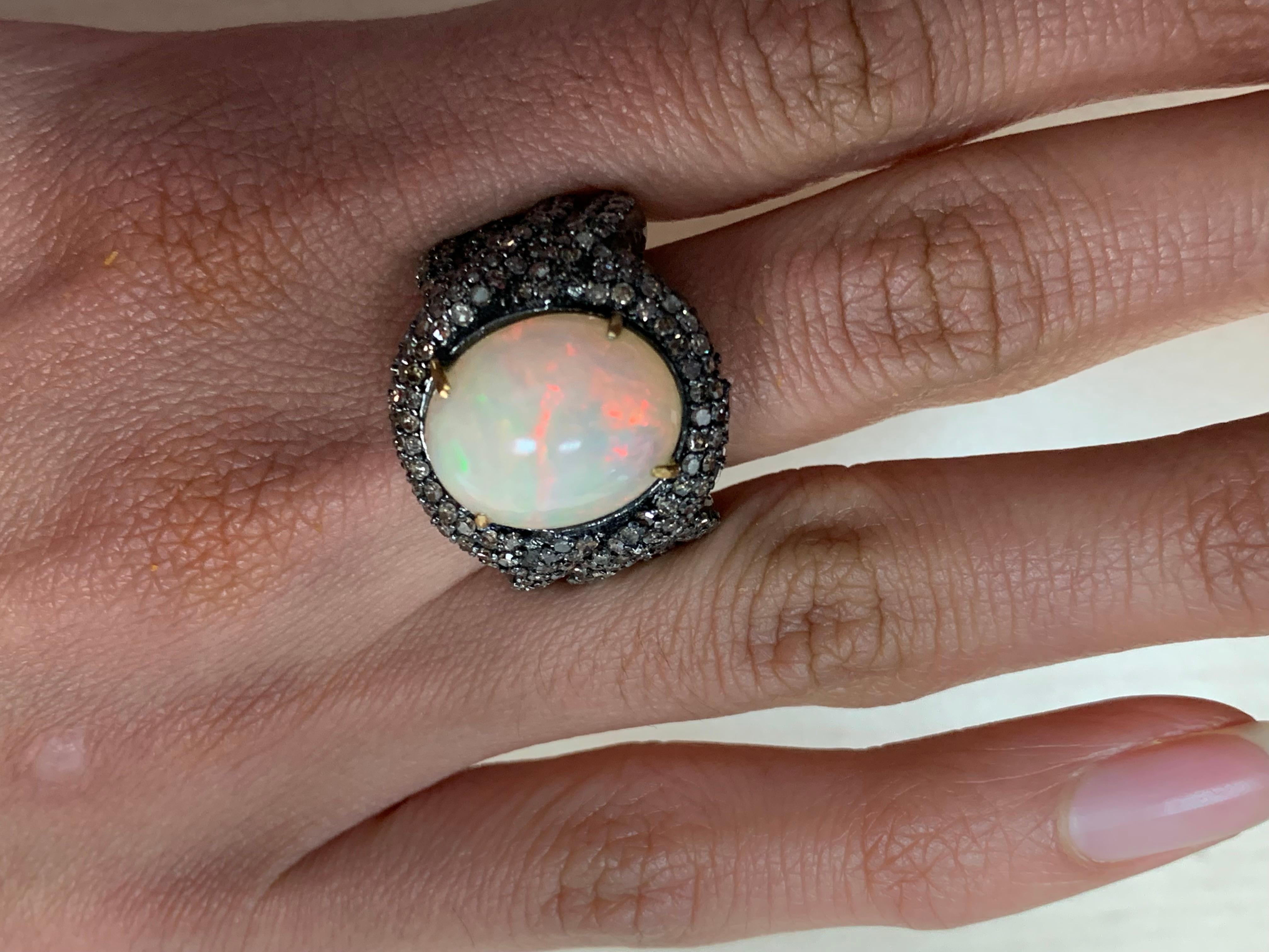 6.10 Carat Opal, Diamond Ring in Oxidized Sterling Silver, 18 Karat Gold For Sale 2