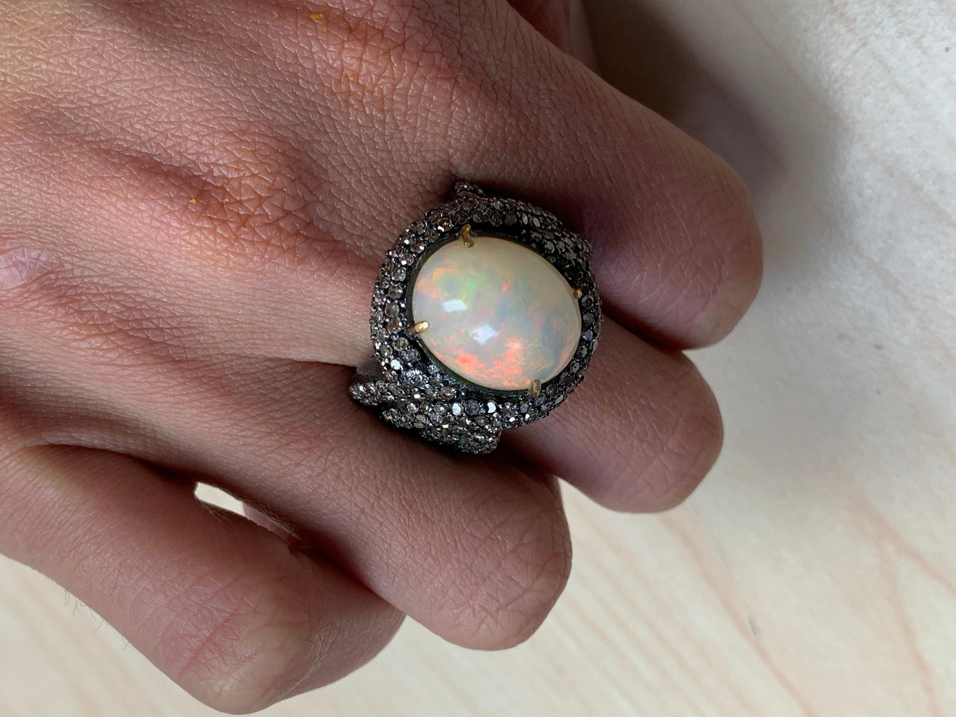 6.10 Carat Opal, Diamond Ring in Oxidized Sterling Silver, 18 Karat Gold For Sale 3