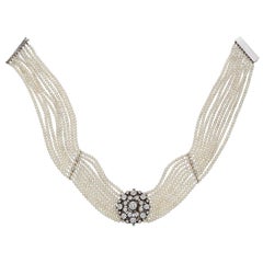 9-Strand Pearl and Diamond Choker Necklace