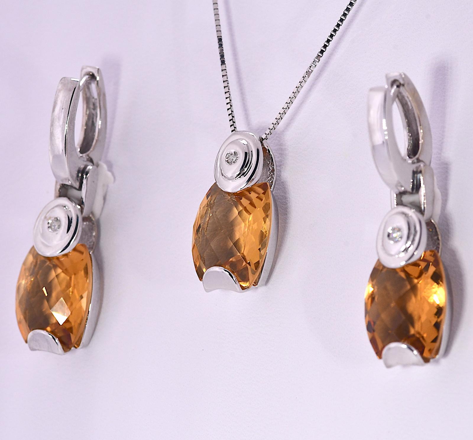 Round Cut 9 TCW Natural Madeira Citrine & Diamond White Gold 18K Dangle Earrings 12 grams