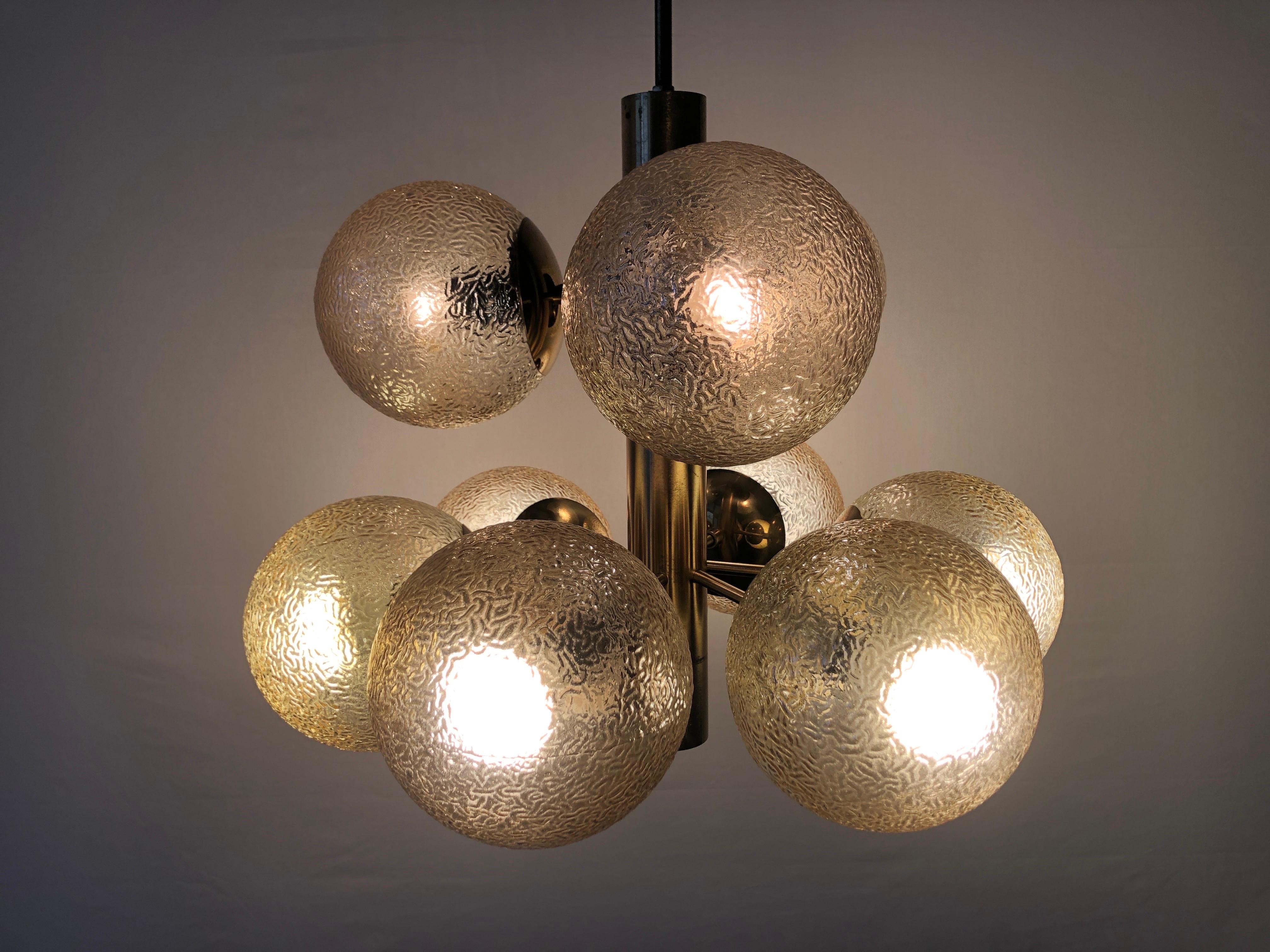 9 Textured Smoked Glass and Brass Chandelier by VEB LEUCHTEN, 1970s, Germany For Sale 5
