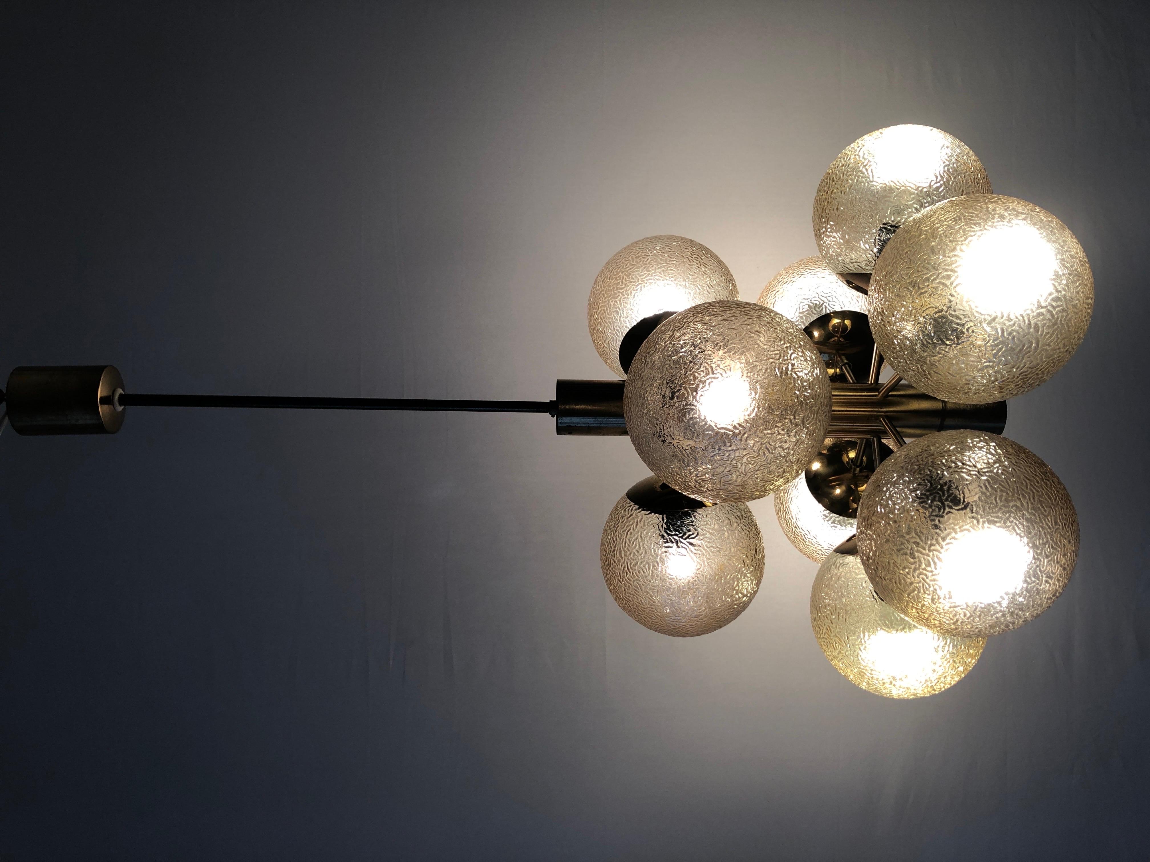 9 Textured Smoked Glass and Brass Chandelier by VEB LEUCHTEN, 1970s, Germany For Sale 6