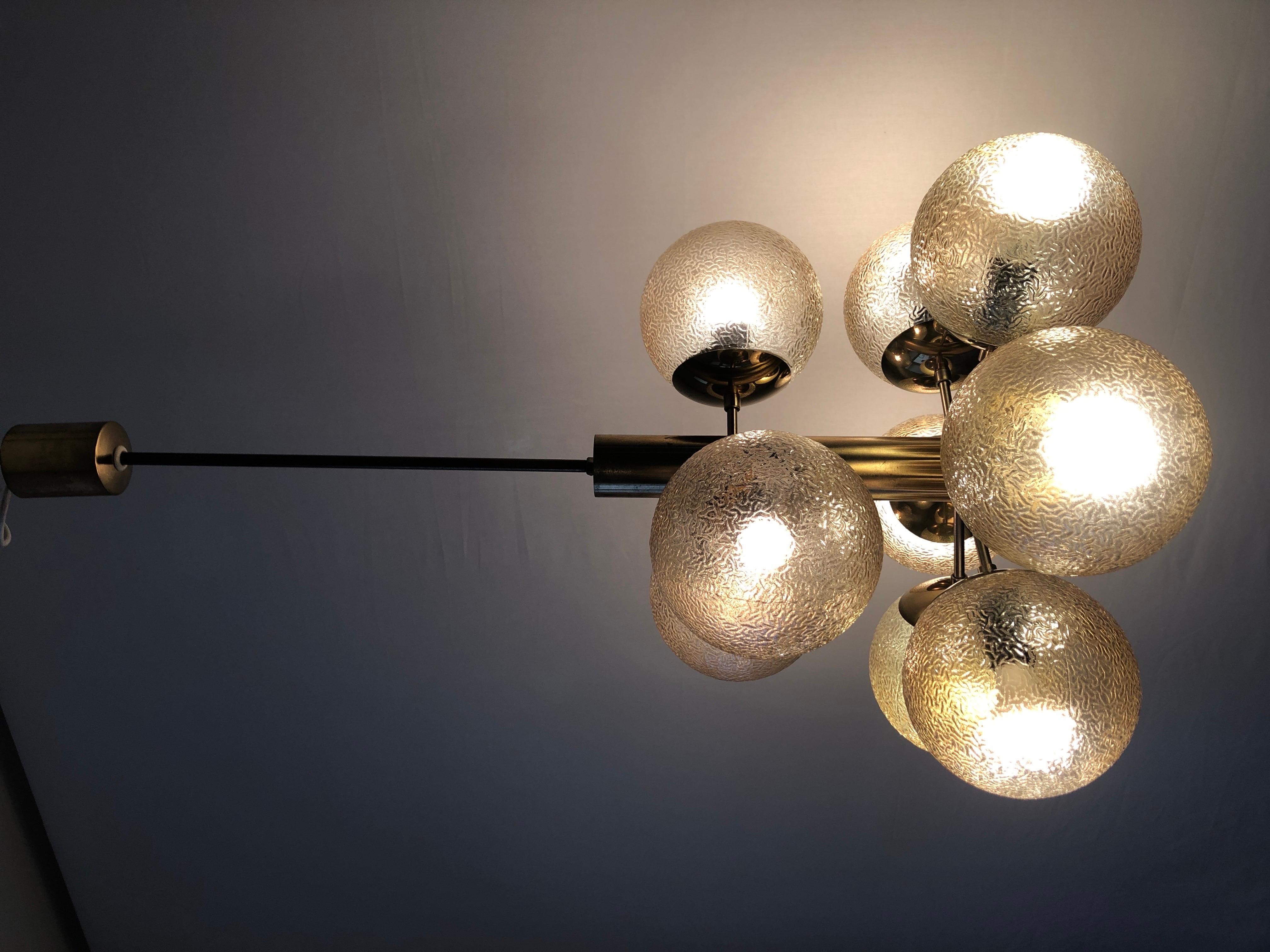 9 Textured Smoked Glass and Brass Chandelier by VEB LEUCHTEN, 1970s, Germany For Sale 7