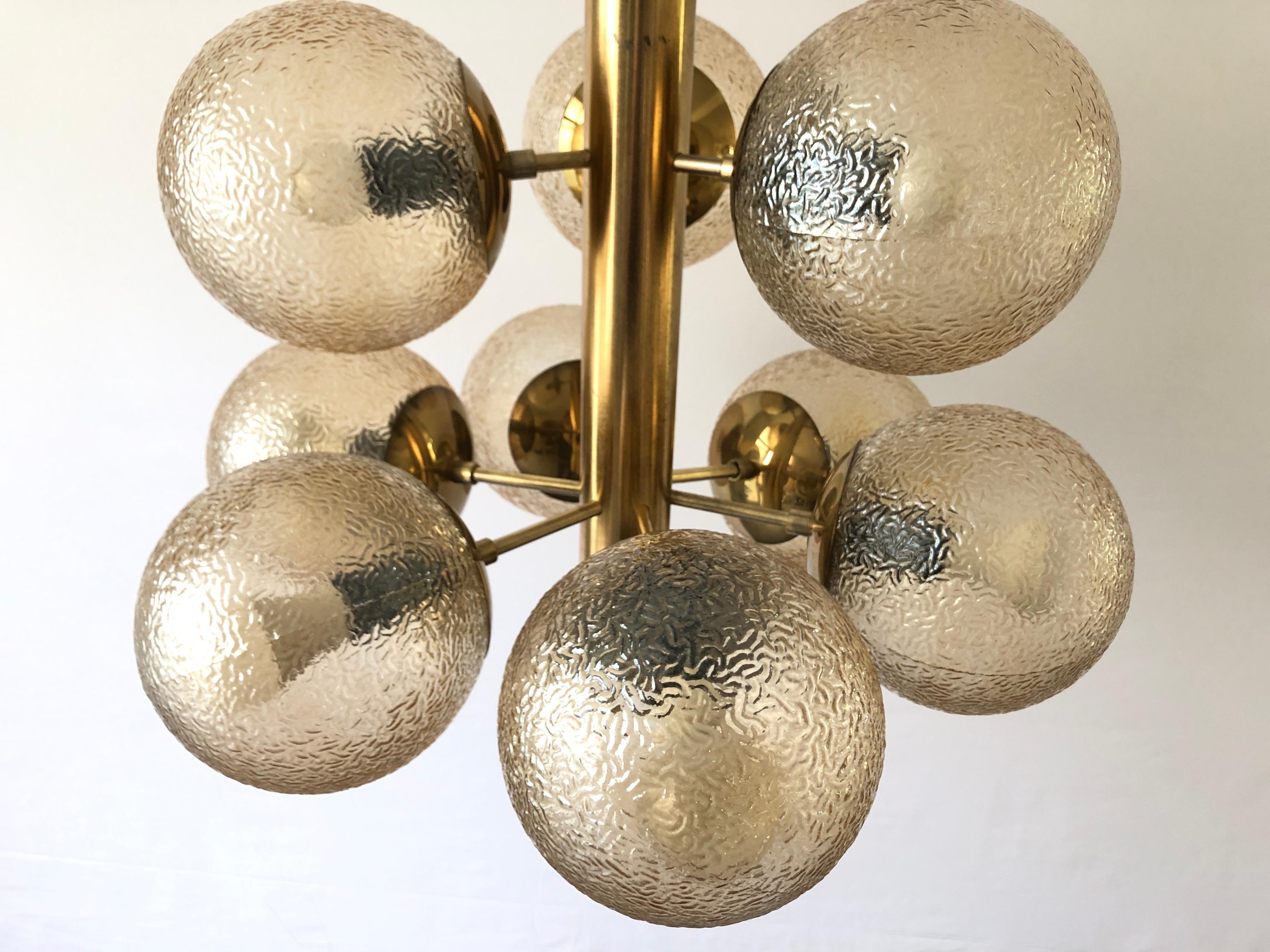 Space Age 9 Textured Smoked Glass and Brass Chandelier by VEB LEUCHTEN, 1970s, Germany For Sale
