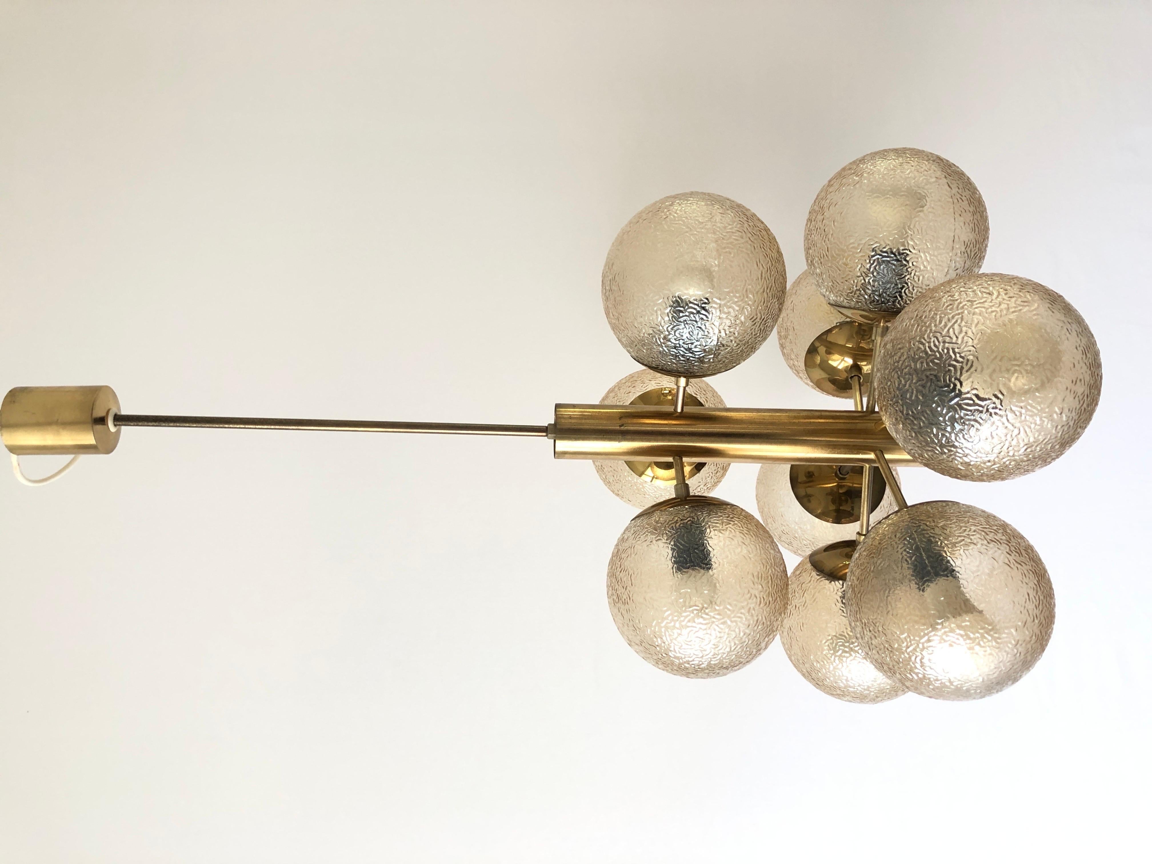 Late 20th Century 9 Textured Smoked Glass and Brass Chandelier by VEB LEUCHTEN, 1970s, Germany For Sale