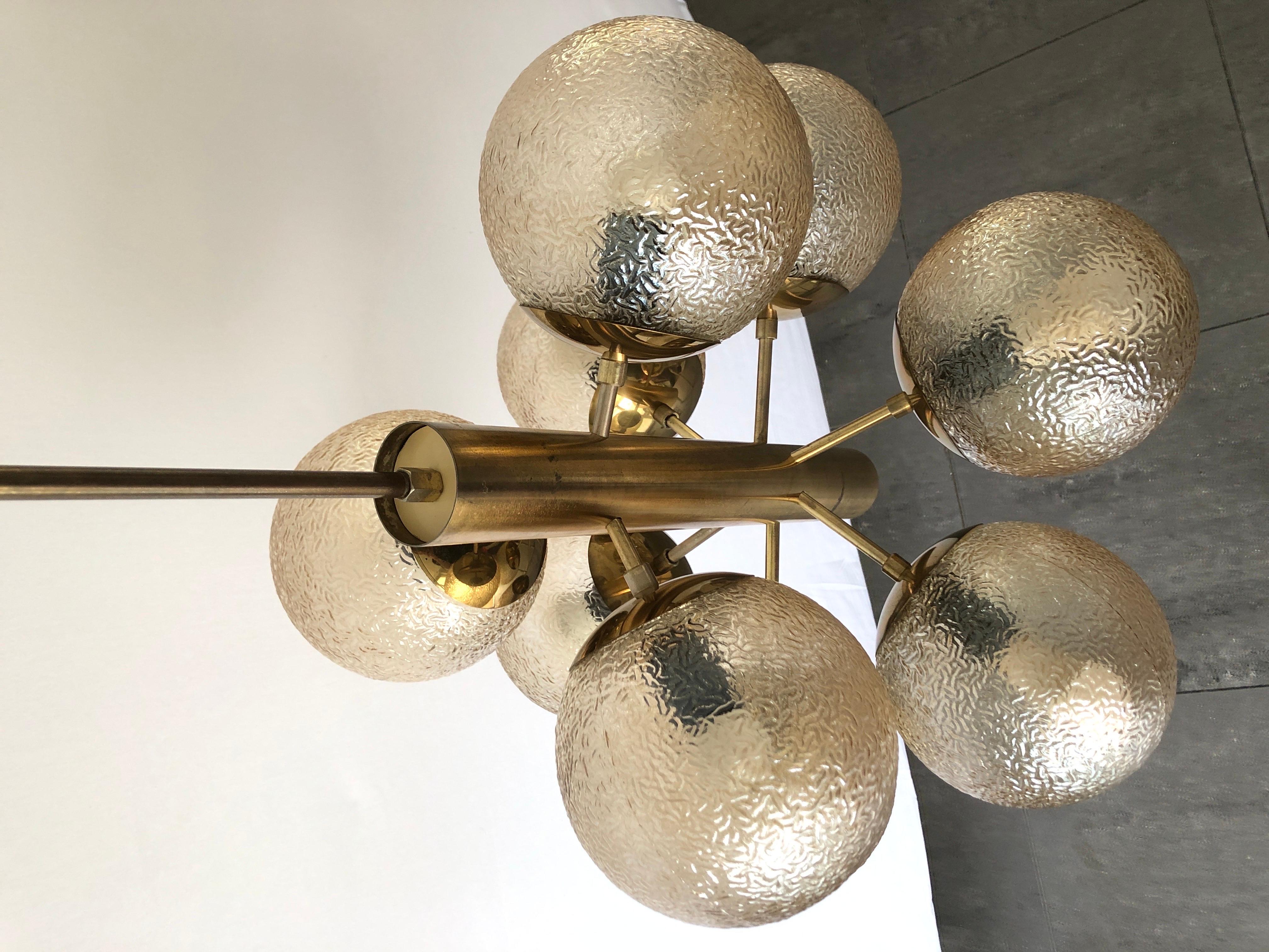 9 Textured Smoked Glass and Brass Chandelier by VEB LEUCHTEN, 1970s, Germany For Sale 1