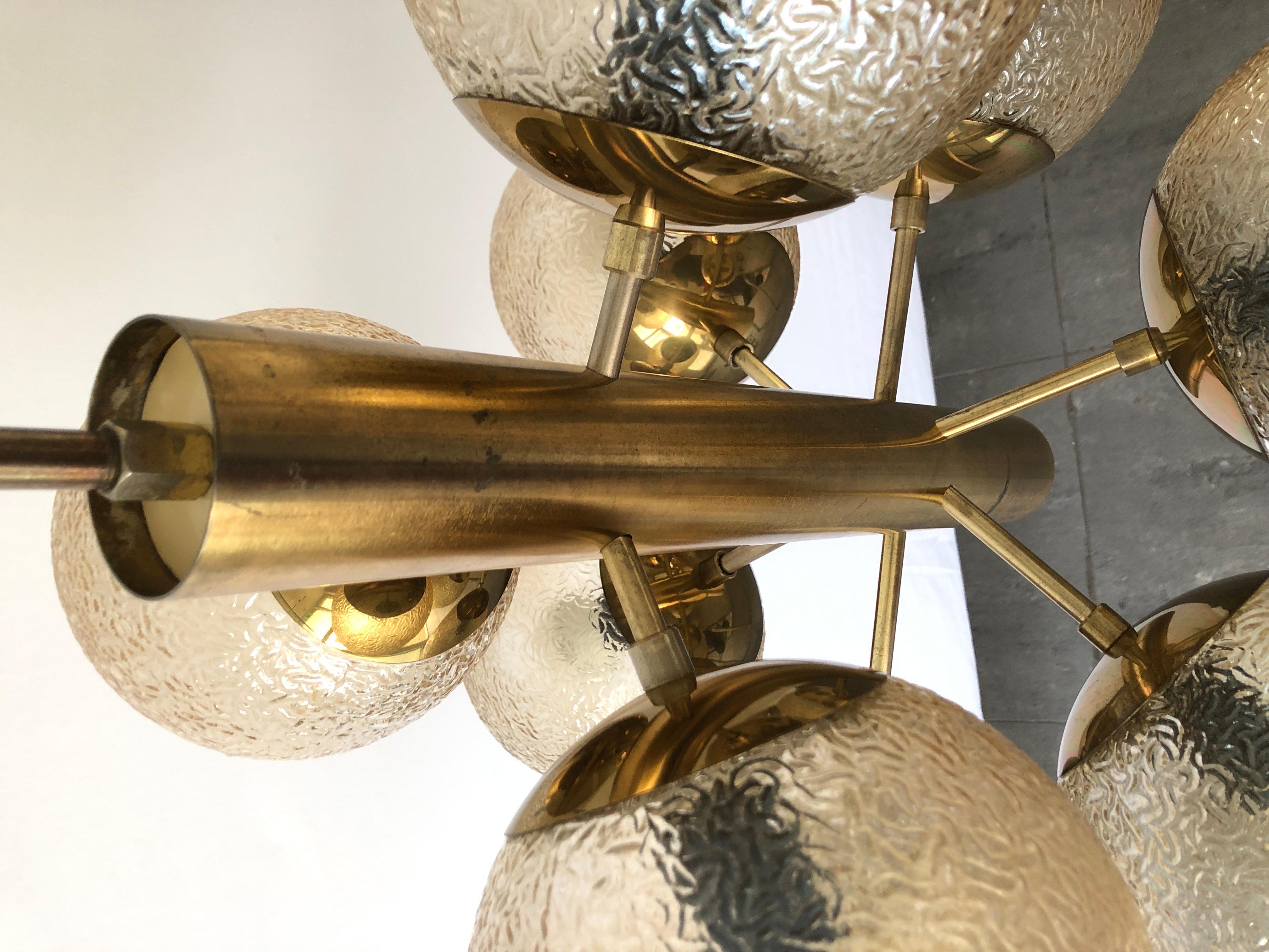 9 Textured Smoked Glass and Brass Chandelier by VEB LEUCHTEN, 1970s, Germany For Sale 2