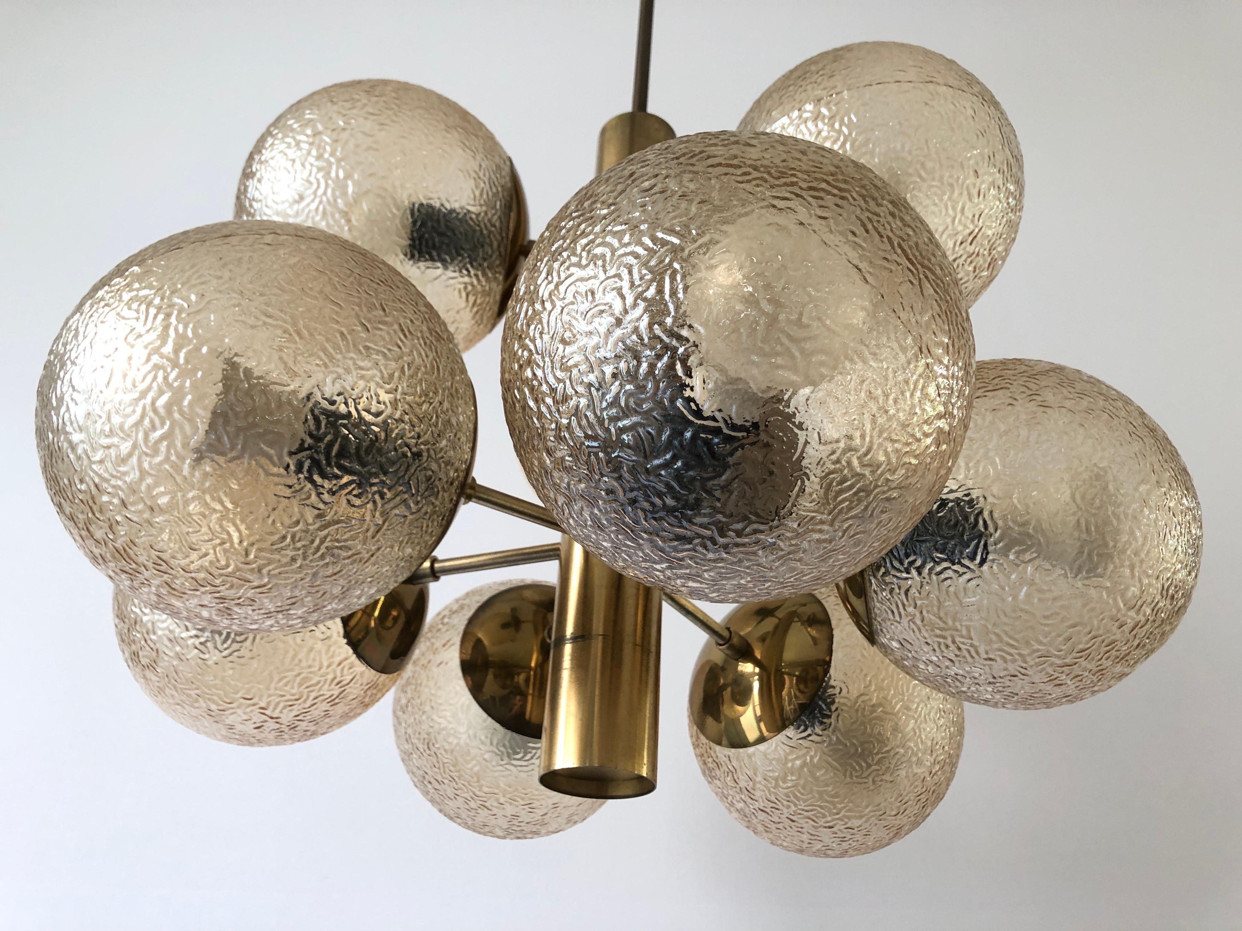 9 Textured Smoked Glass and Brass Chandelier by VEB LEUCHTEN, 1970s, Germany For Sale 3