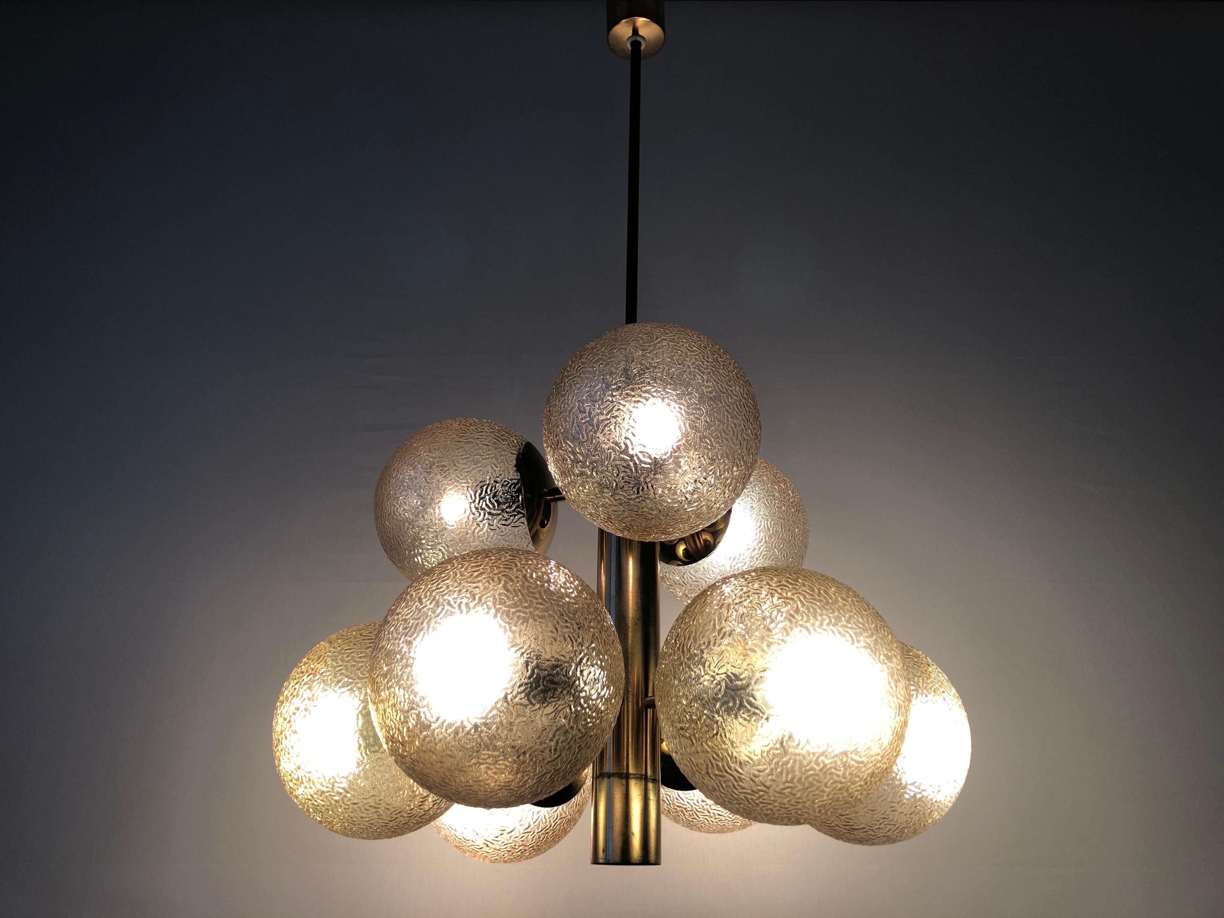 9 Textured Smoked Glass and Brass Chandelier by VEB LEUCHTEN, 1970s, Germany For Sale 4