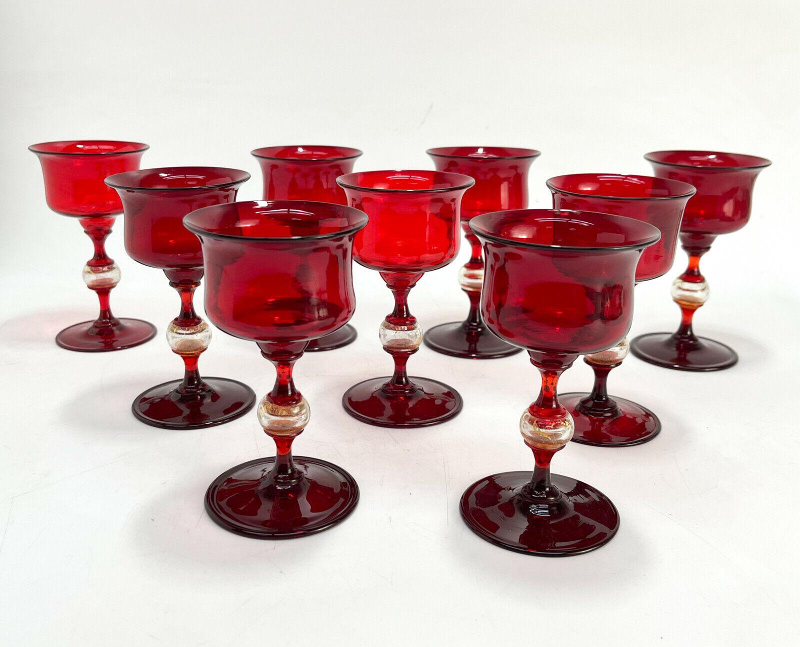9 Venetian Cranberry Red & Gold Fleck Art Glass Sherry Wine Goblets, Salviati In Good Condition In Gardena, CA