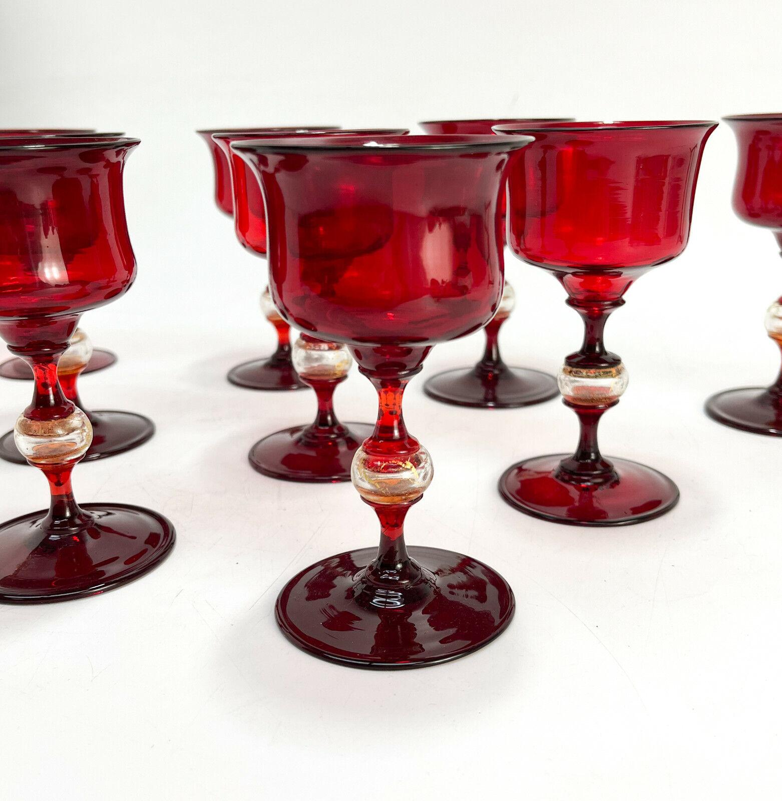 20th Century 9 Venetian Cranberry Red & Gold Fleck Art Glass Sherry Wine Goblets, Salviati