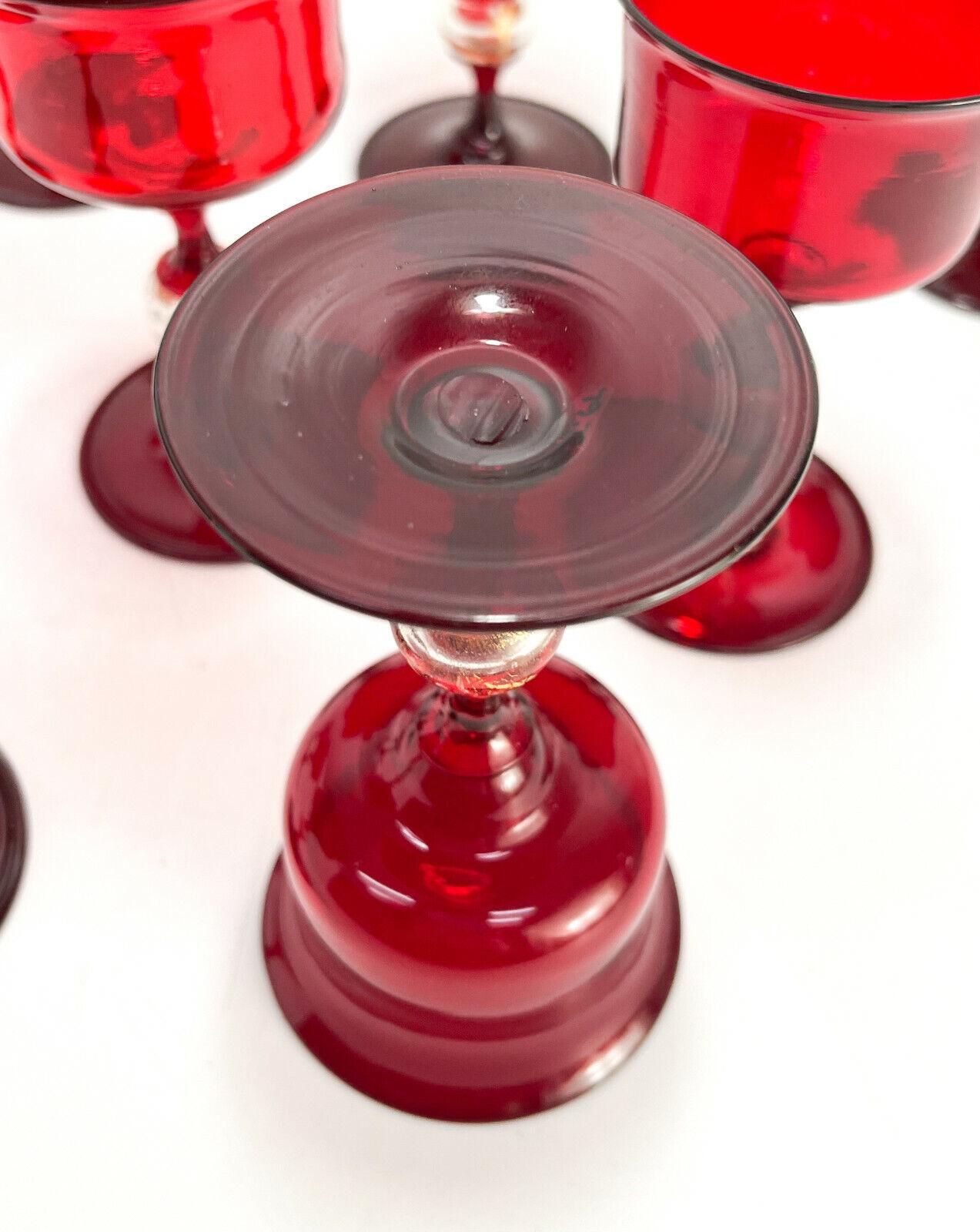 9 Venetian Cranberry Red & Gold Fleck Art Glass Sherry Wine Goblets, Salviati 1