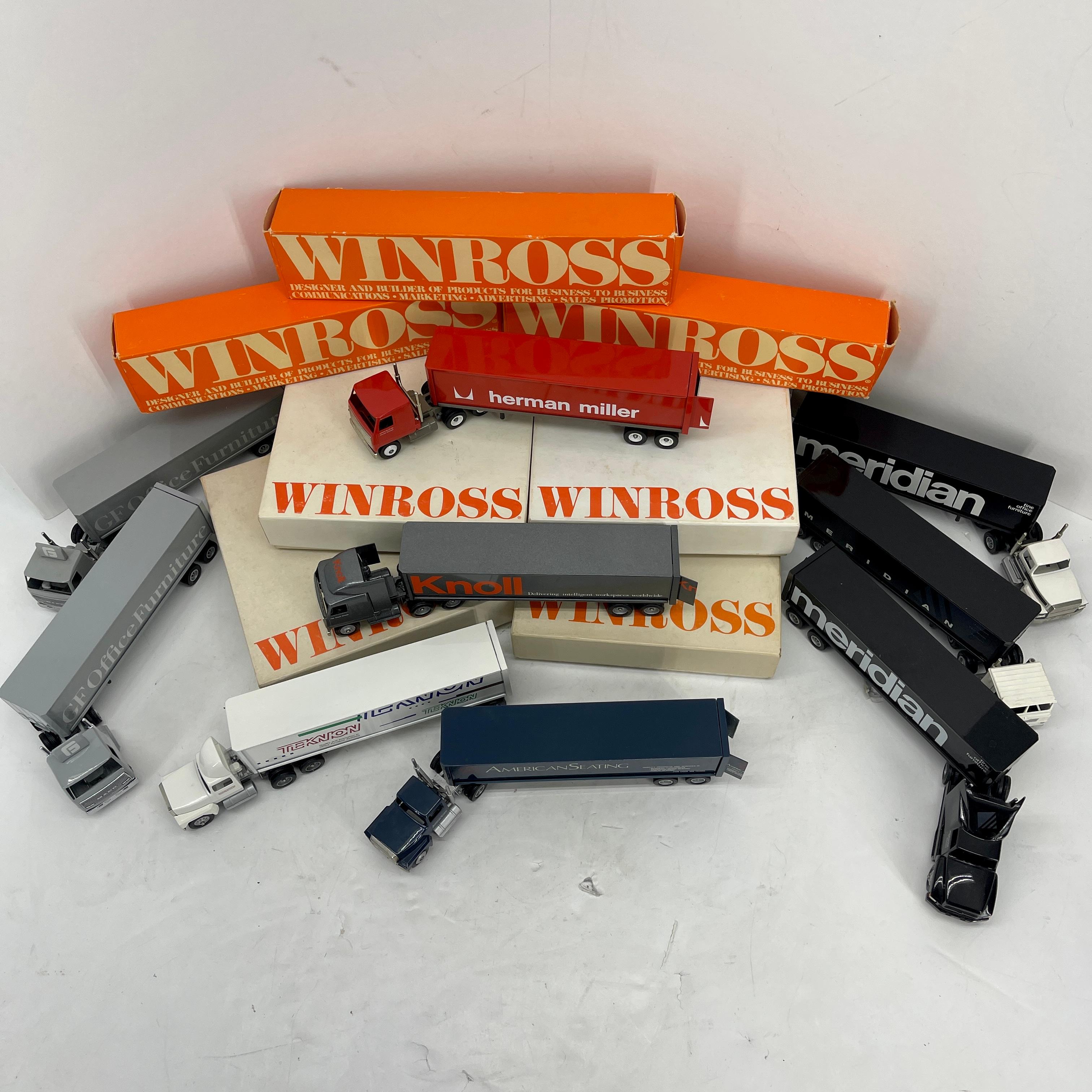 Collection of 9 vintage Miniature Model trucks by Winross For Knoll, Miller, GF Office Furniture, Meridian, Teknon and American Seating.

A grouping of collectible furniture miniature toy die-cast semi-tractor-trailer trucks all made by Winross.