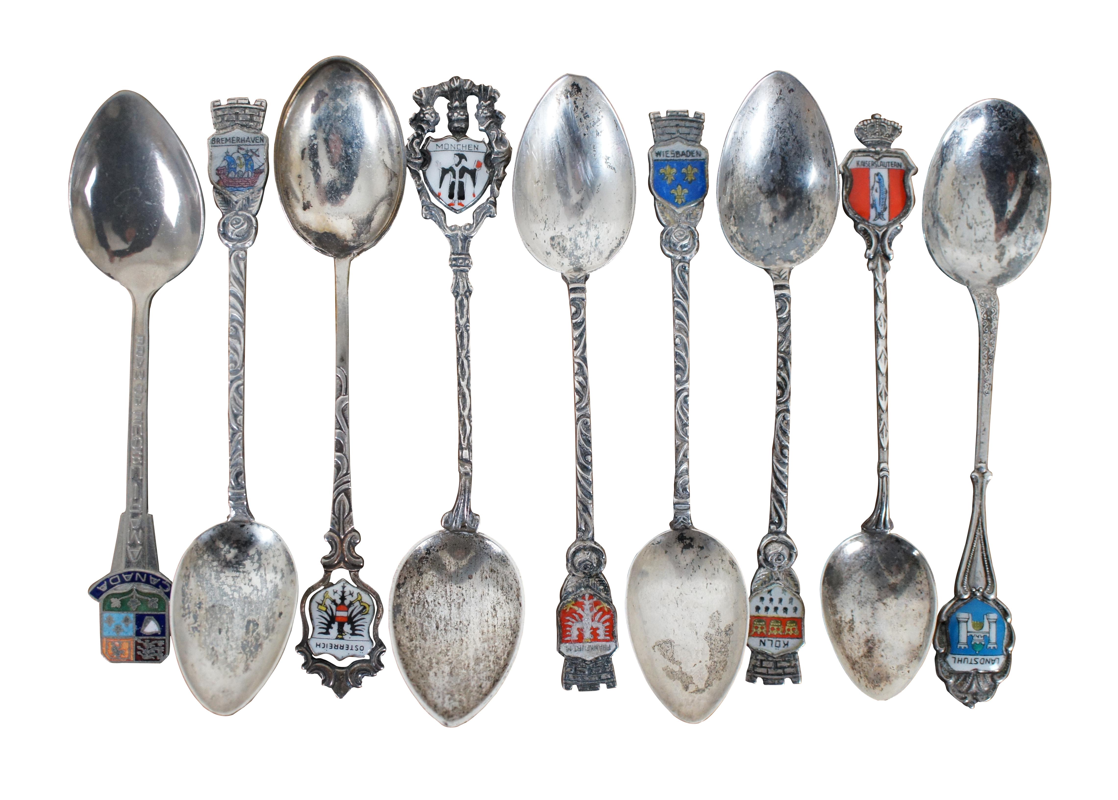Lot of 9 German (and one Canadian) assorted sterling, 800 silver, and silver plate souvenir spoons with enameled tops.

Approx - 4” x 0.75” (Length x Width) / Sterling/800 Combined Weight - 37.6 g.
