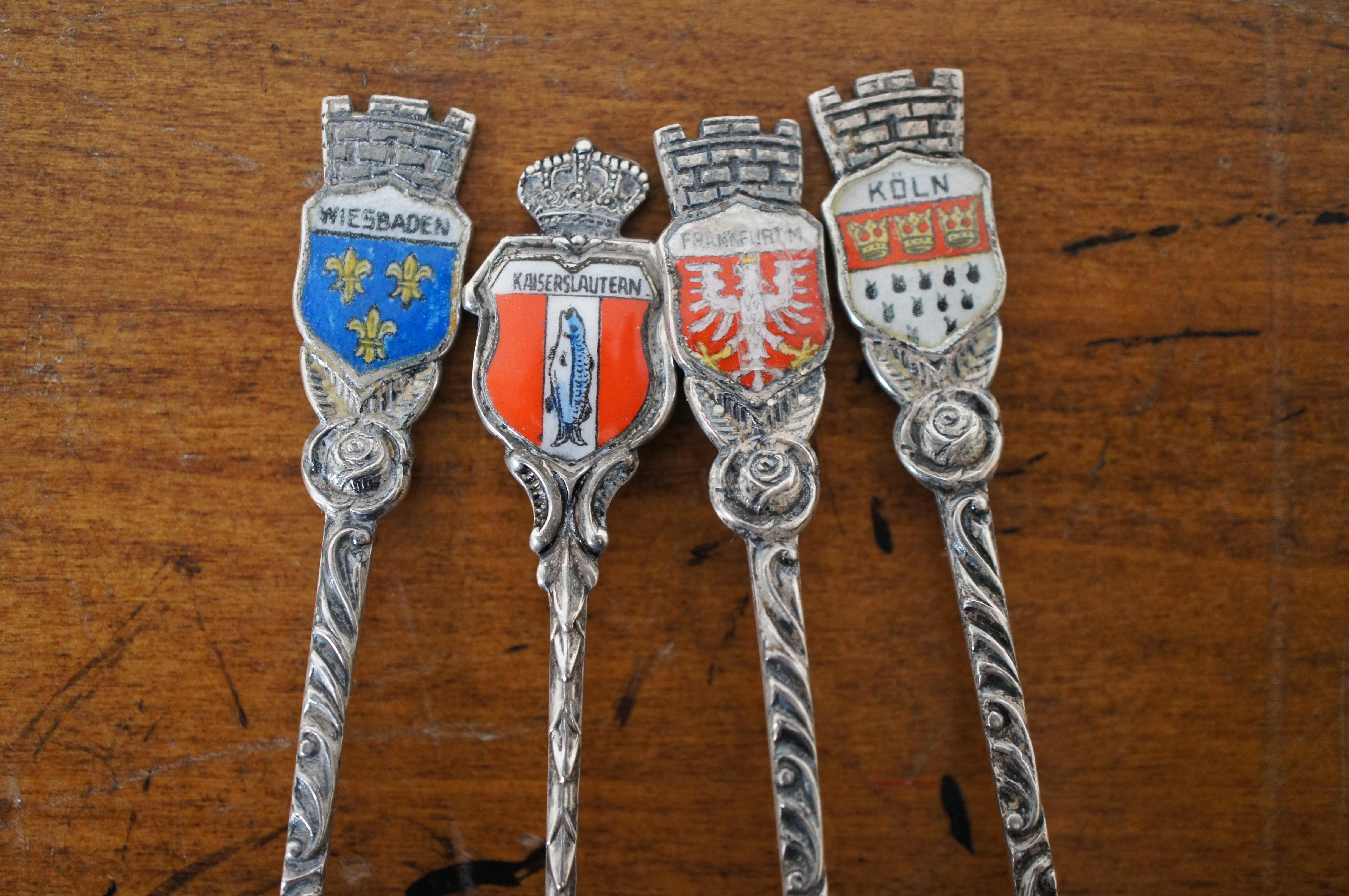 9 Vintage Sterling Silver Enameled 800 Souvenir Spoons Germany Canada In Good Condition In Dayton, OH