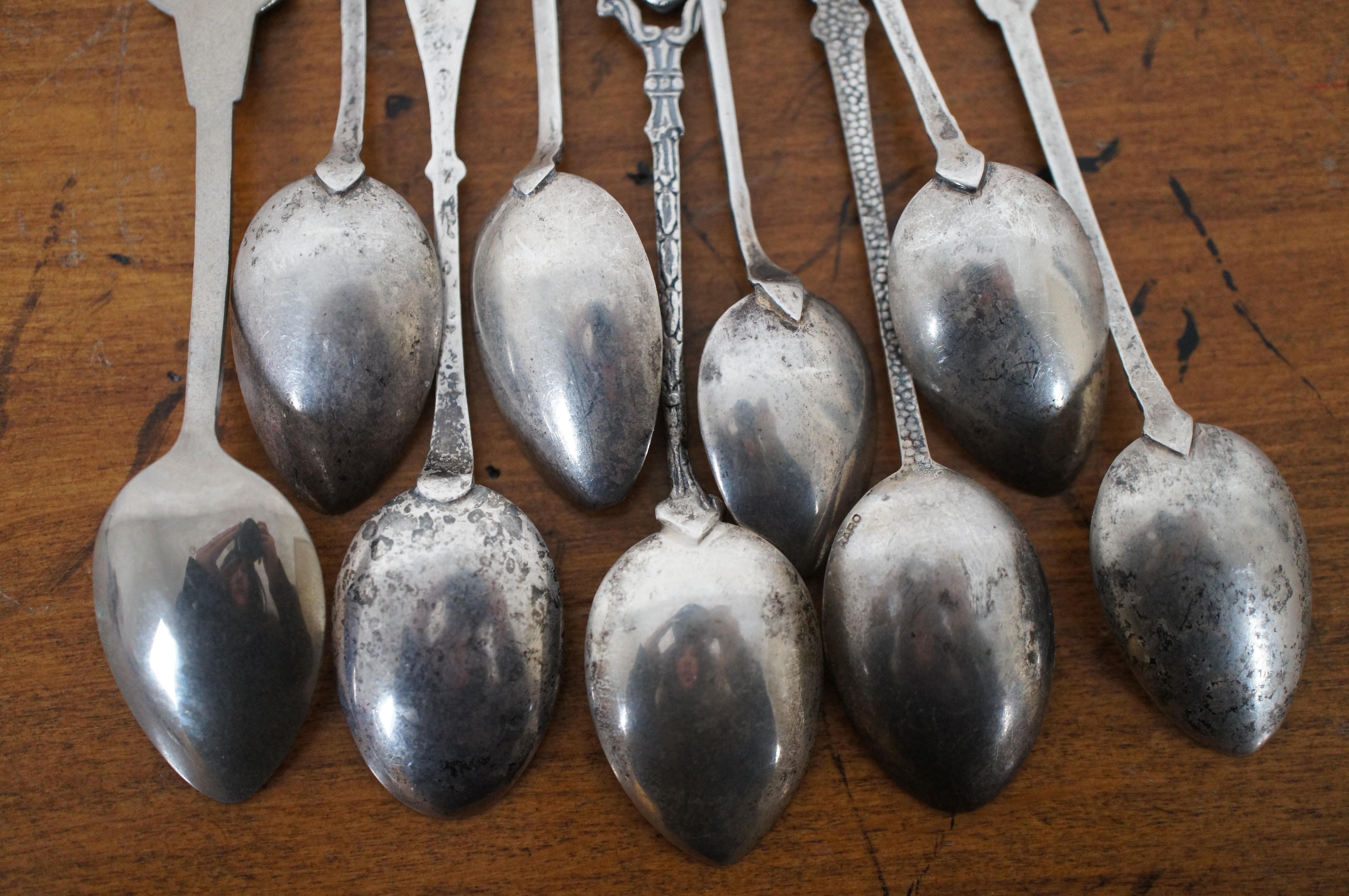20th Century 9 Vintage Sterling Silver Enameled 800 Souvenir Spoons Germany Canada