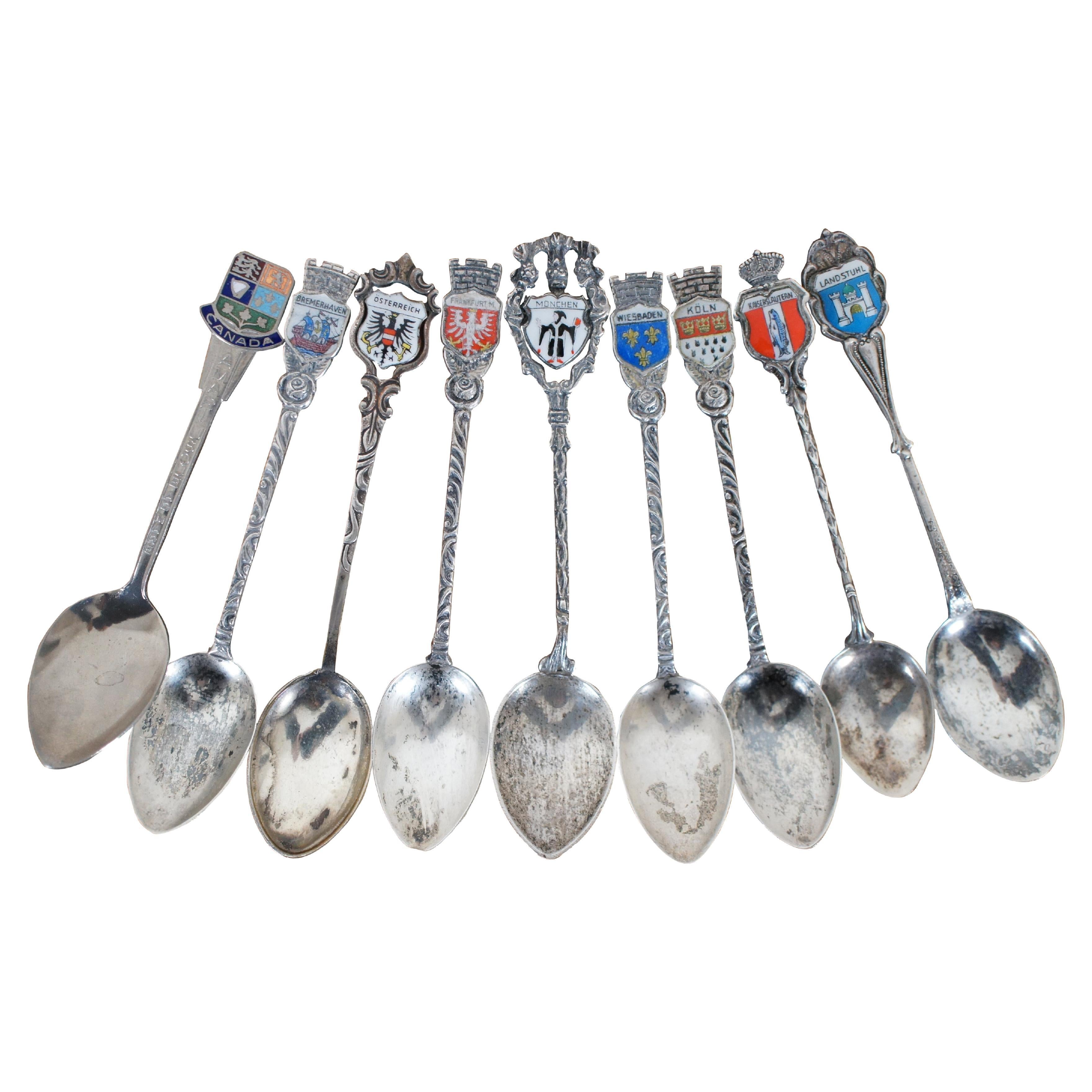 9 Vintage Sterling Silver Enameled 800 Souvenir Spoons Germany Canada