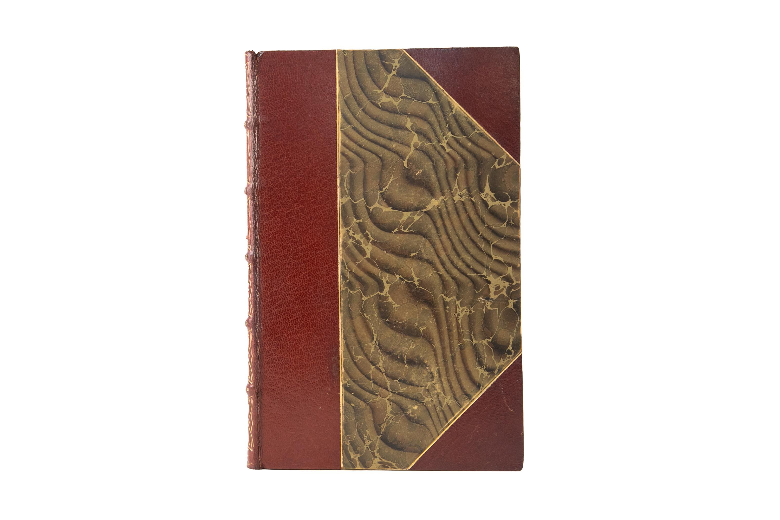 9 Volumes. Horace Walpole, The Letters. Bound in 3/4 brown morocco and marbled boards, bordered in gilt-tooling. Raised band spines with gilt-tooled detailing. The top edges are gilded with marbled endpapers. Includes a portrait frontispiece and
