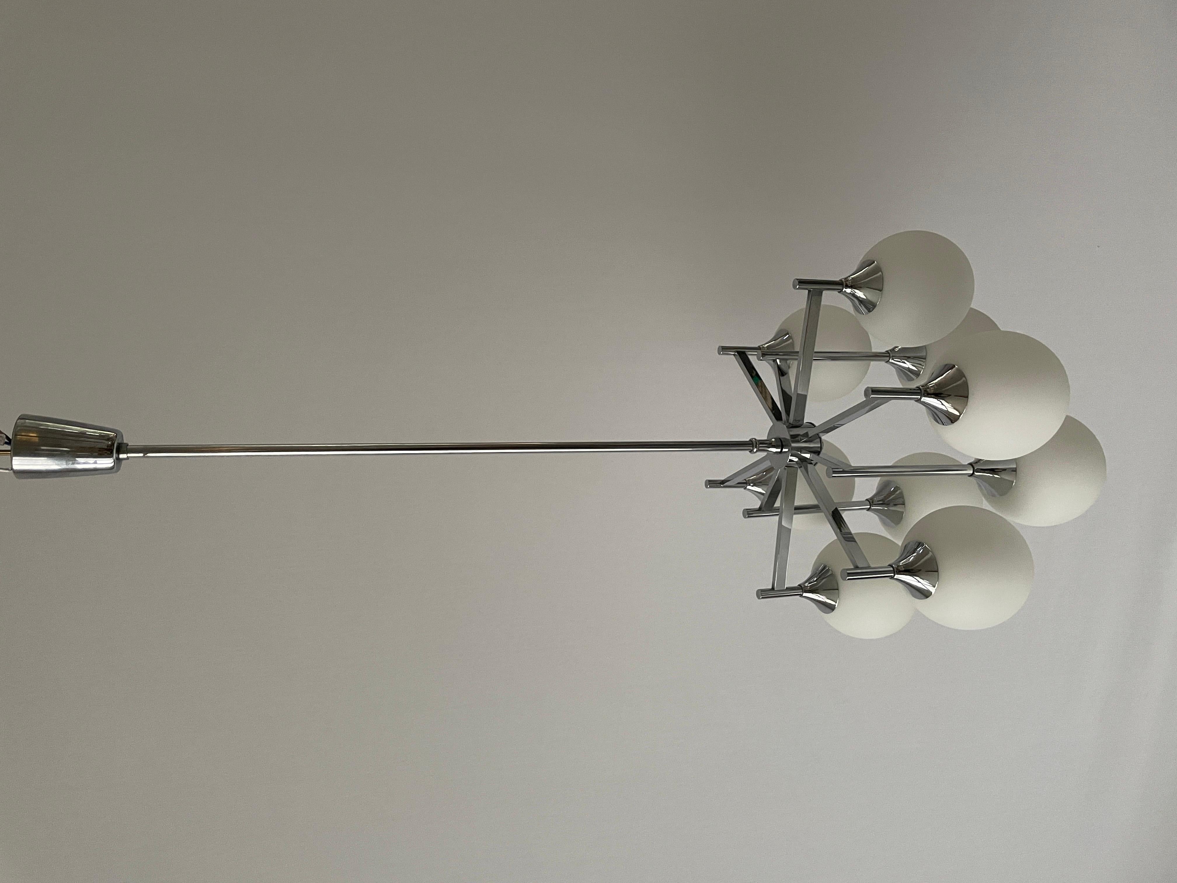 9 White Ball Glass and Chrome Body Chandelier by Kaiser Leuchten, 1960s, Germany For Sale 4