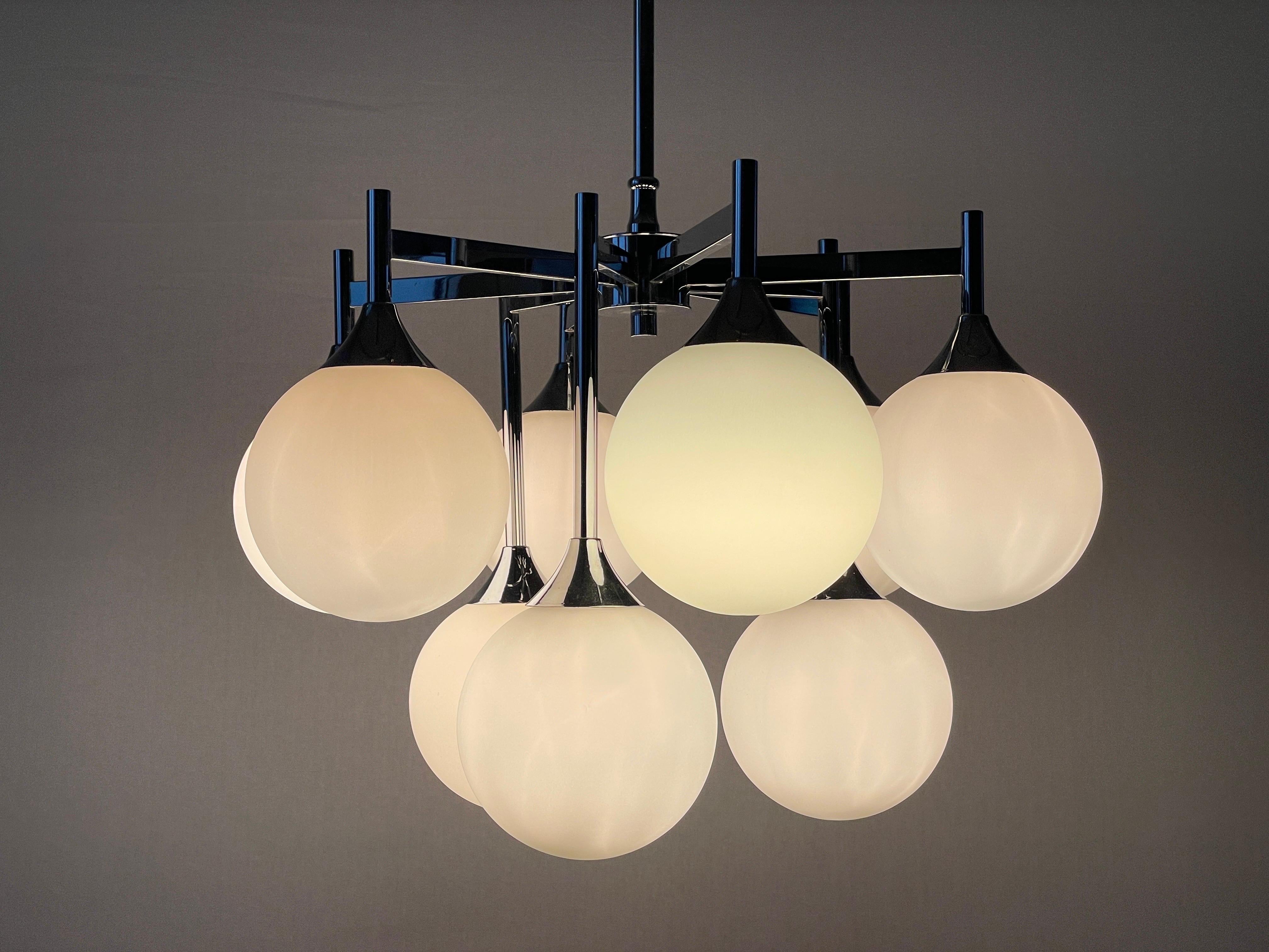 9 White Ball Glass and Chrome Body Chandelier by Kaiser Leuchten, 1960s, Germany For Sale 5