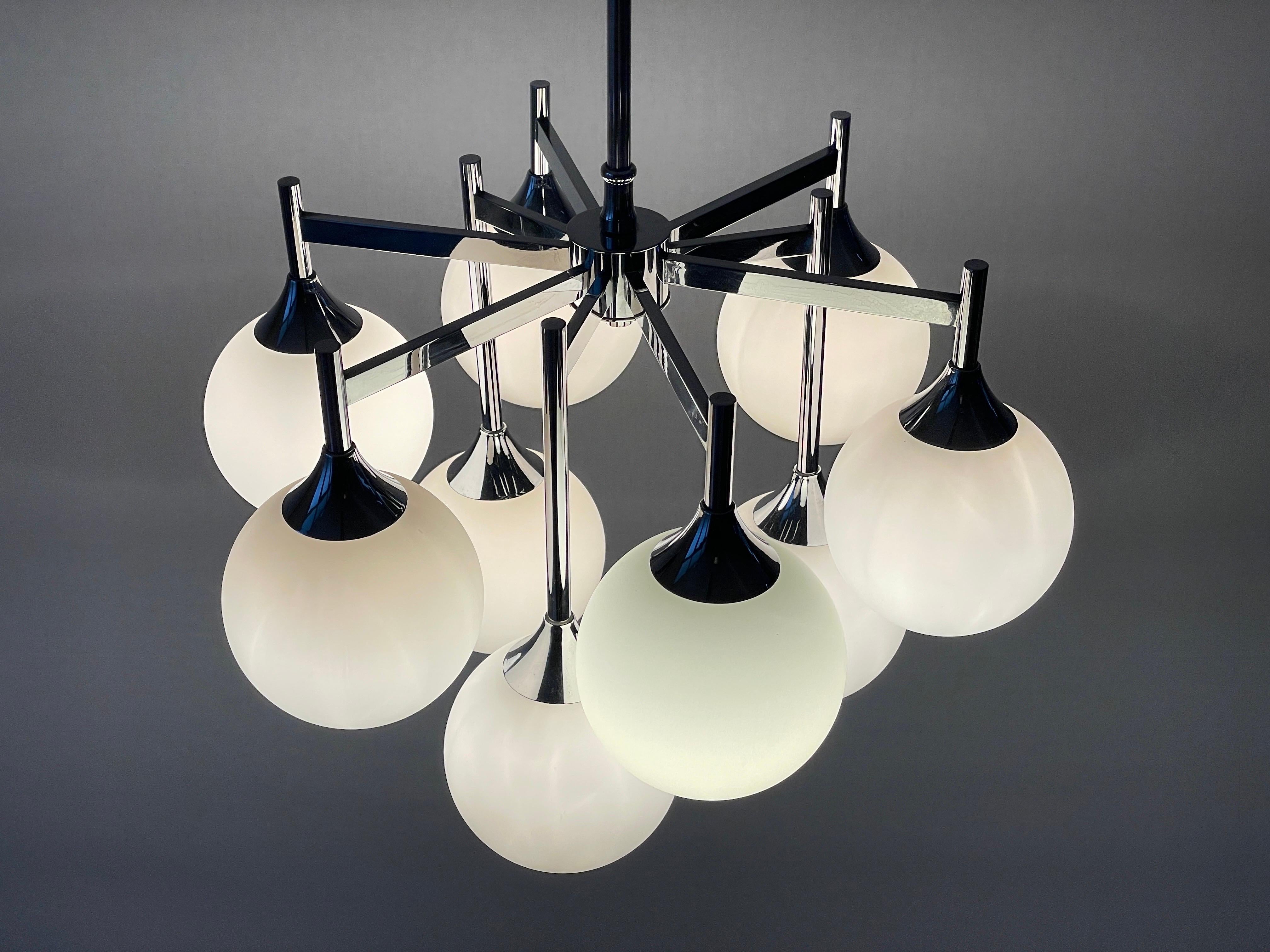 9 White Ball Glass and Chrome Body Chandelier by Kaiser Leuchten, 1960s, Germany For Sale 6
