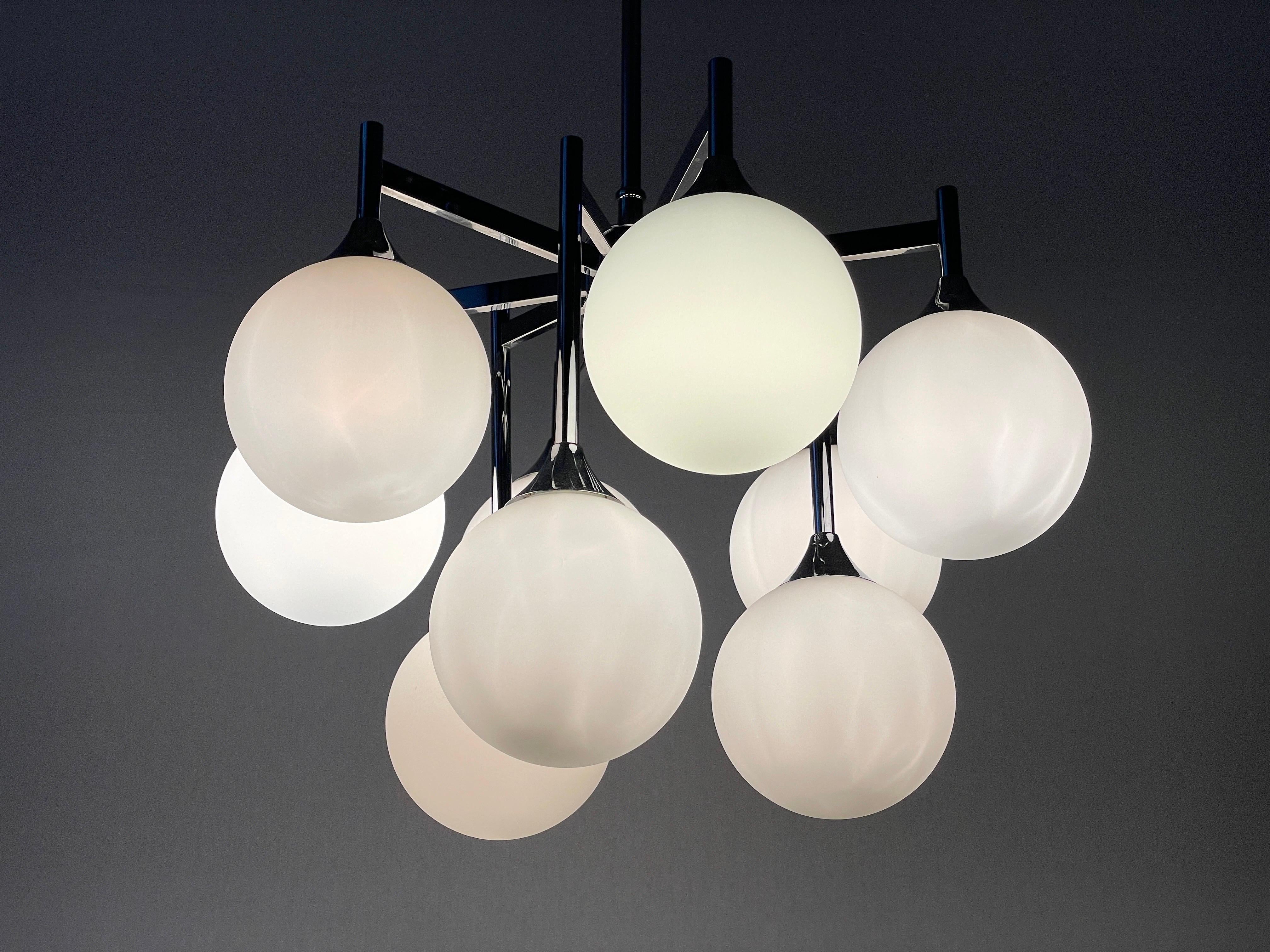 9 White Ball Glass and Chrome Body Chandelier by Kaiser Leuchten, 1960s, Germany For Sale 7