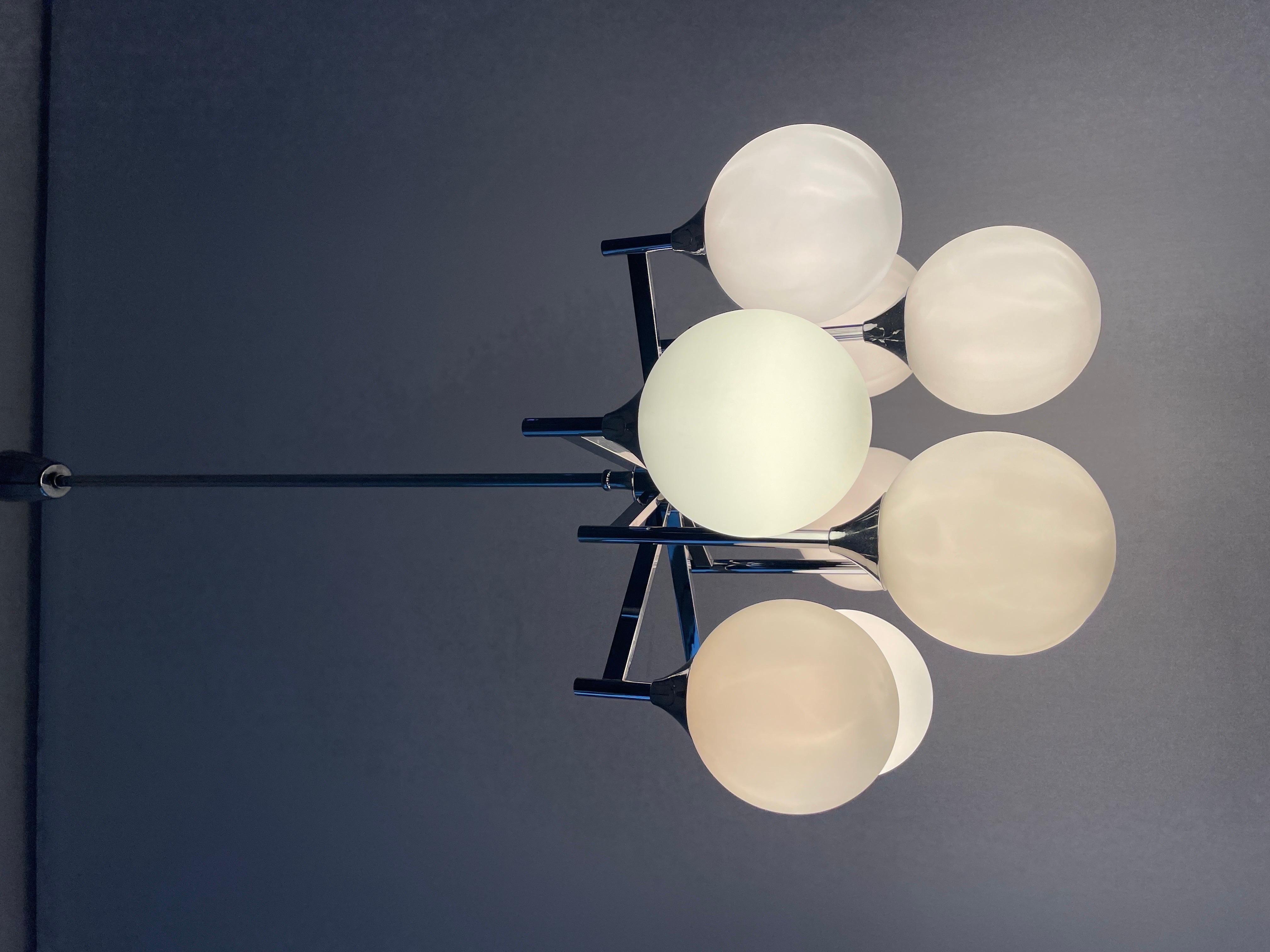 9 White Ball Glass and Chrome Body Chandelier by Kaiser Leuchten, 1960s, Germany For Sale 9