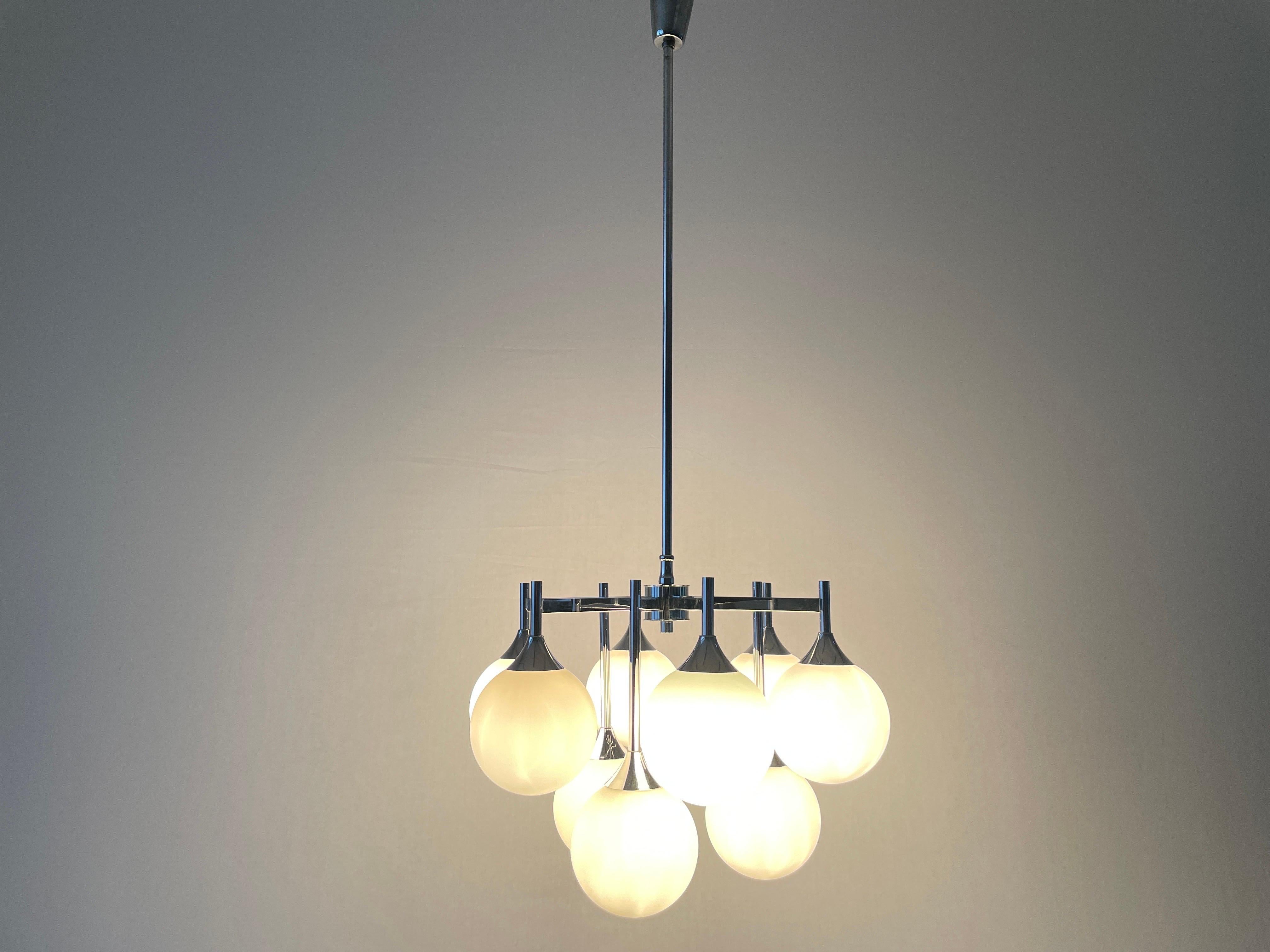 9 White Ball Glass and Chrome Body Chandelier by Kaiser Leuchten, 1960s, Germany For Sale 10