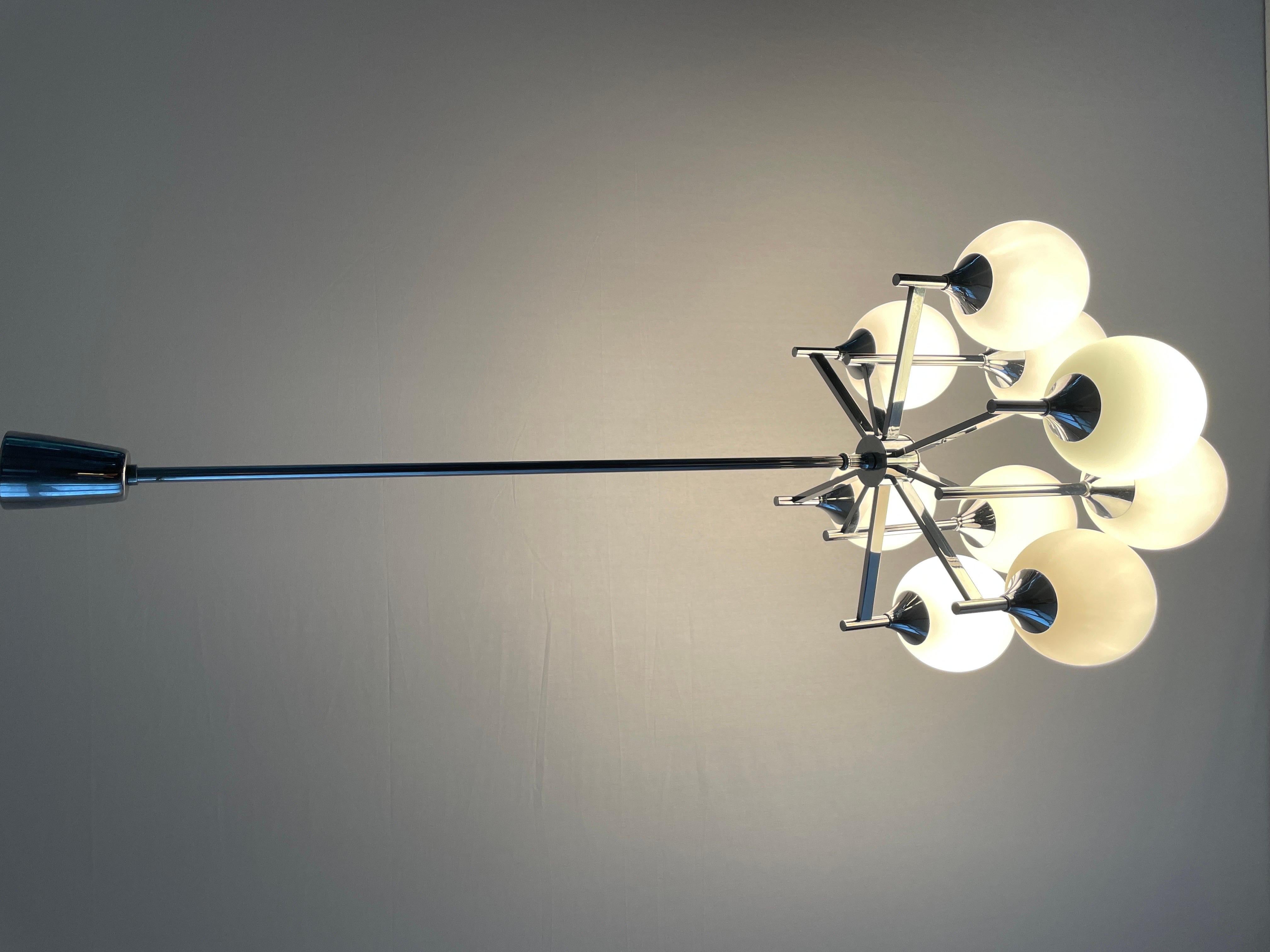 9 White Ball Glass and Chrome Body Chandelier by Kaiser Leuchten, 1960s, Germany For Sale 11