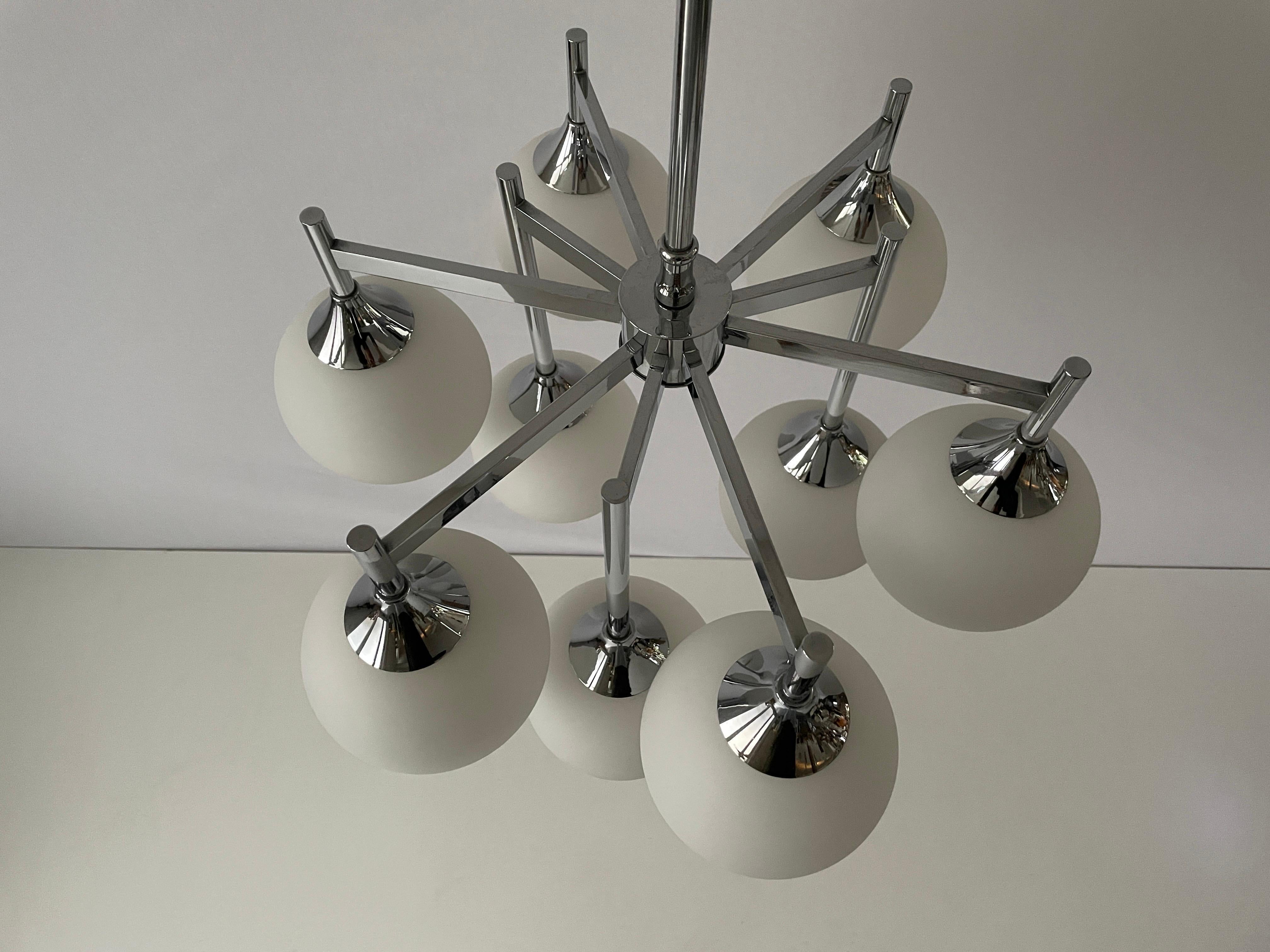 9 White Ball Glass and Chrome Body Chandelier by Kaiser Leuchten, 1960s, Germany In Excellent Condition For Sale In Hagenbach, DE