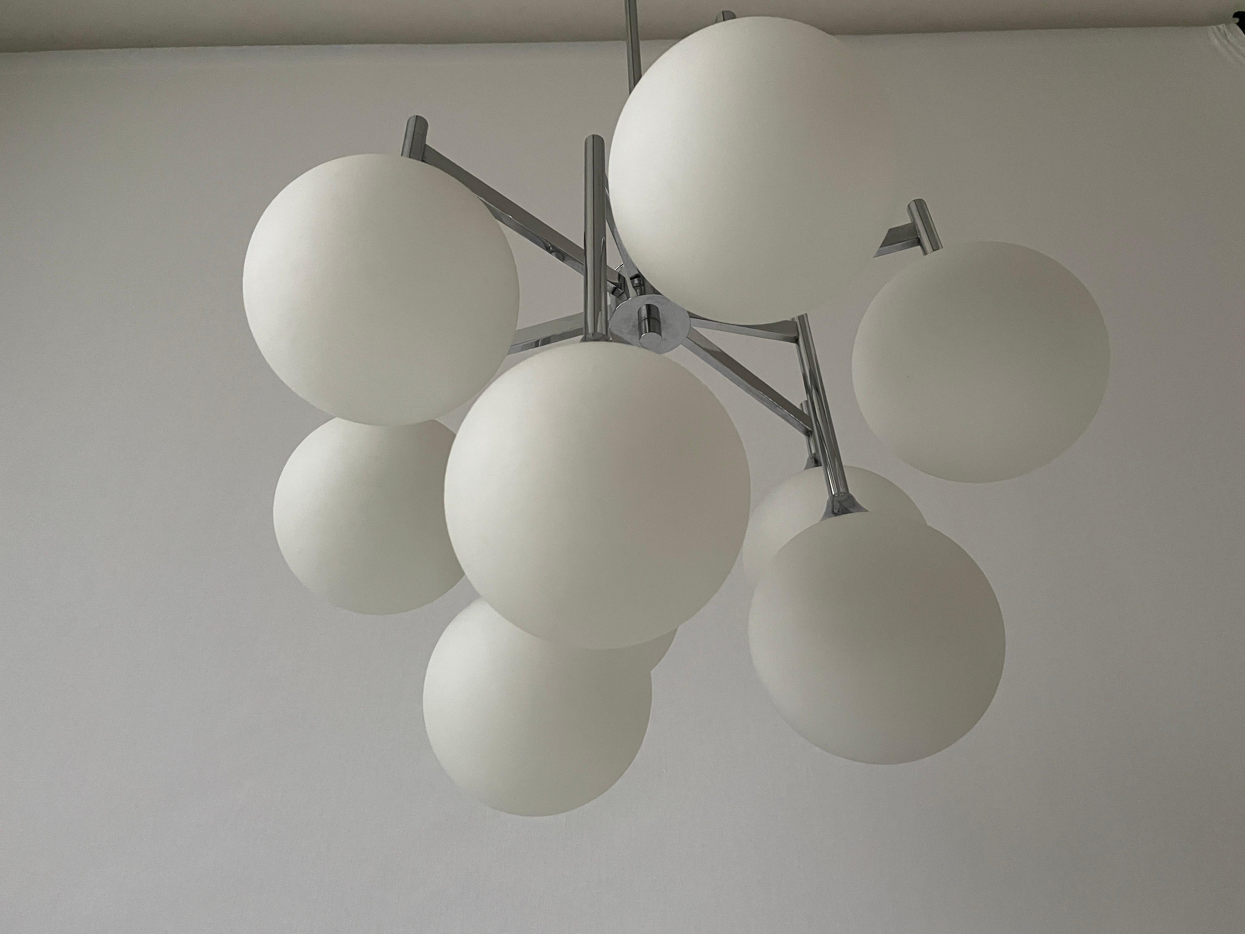 Mid-20th Century 9 White Ball Glass and Chrome Body Chandelier by Kaiser Leuchten, 1960s, Germany For Sale